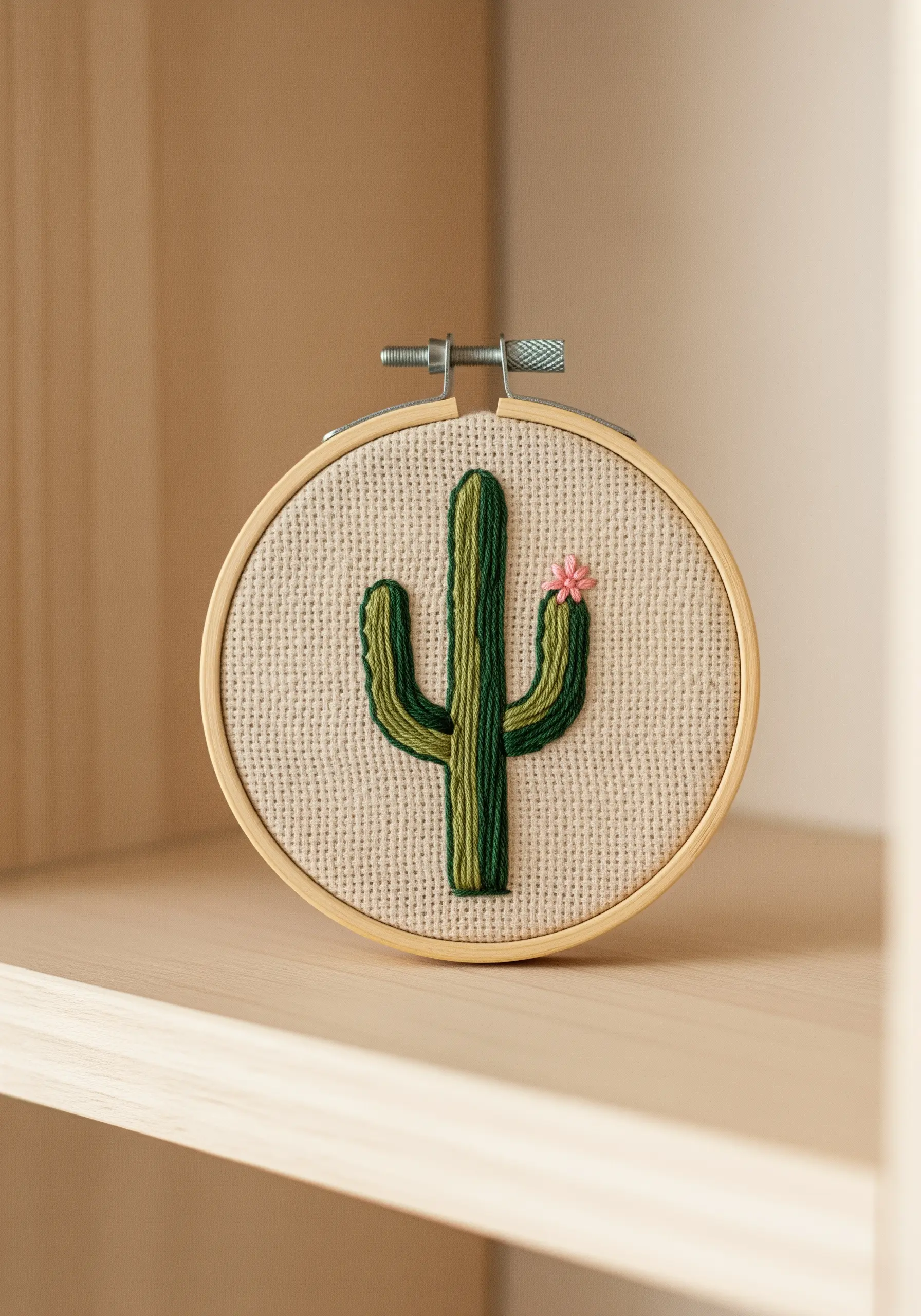 Satin-stitched saguaro cactus with a pink flower detail.