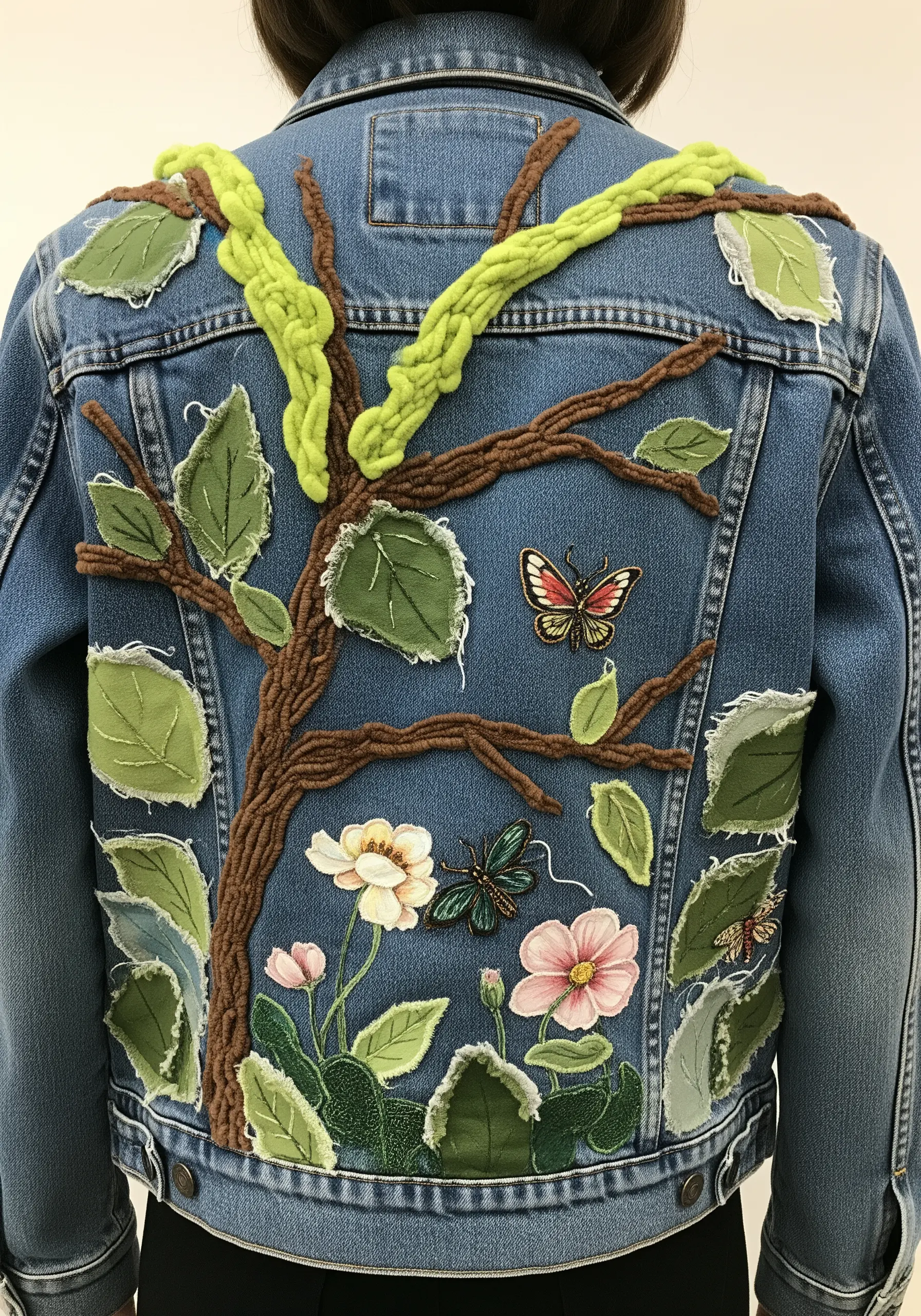 Denim jacket with a large tree made from couched brown yarn and green fabric appliqué leaves.