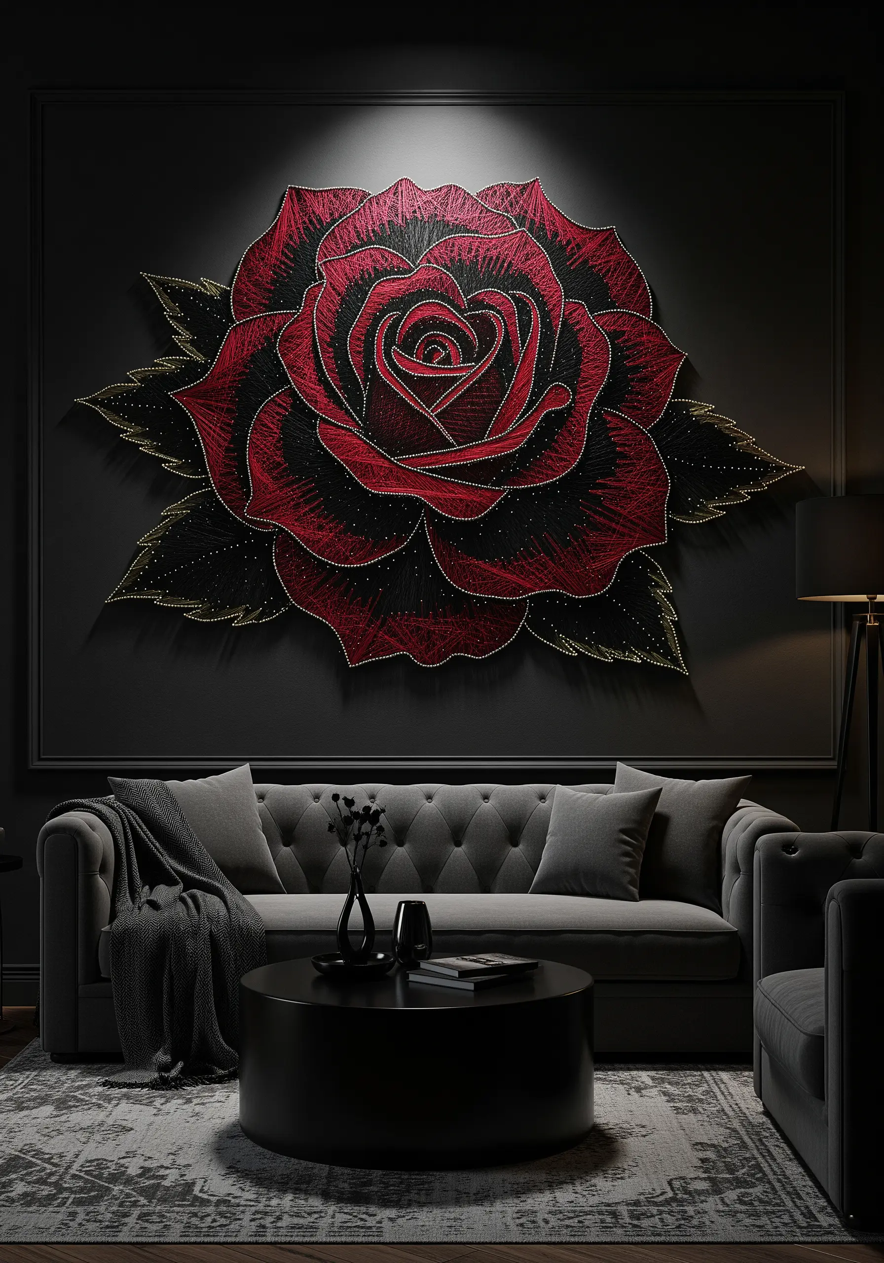 A dramatic string art rose in deep red and black with gold accents, on a dark wall.