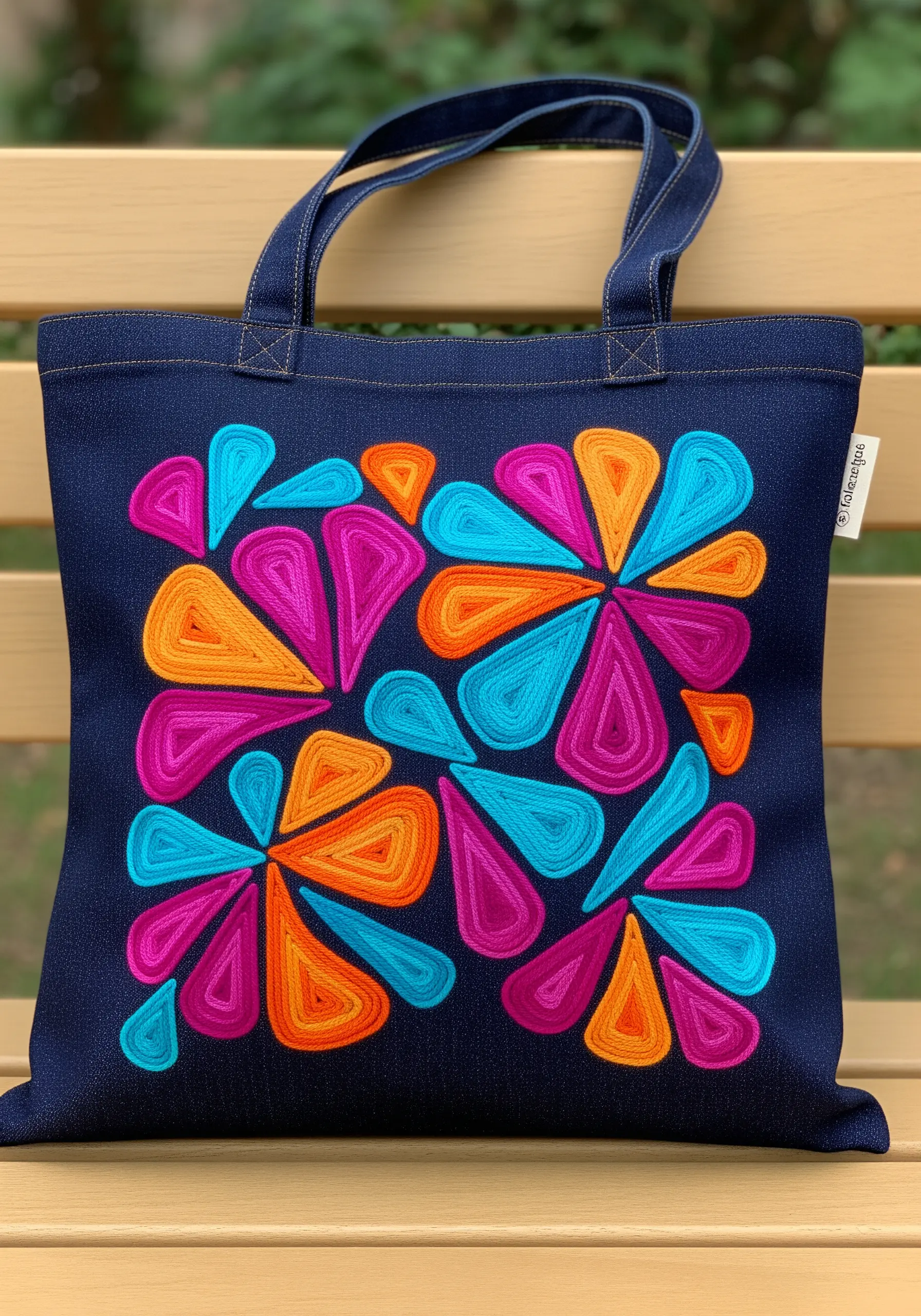 Vibrant, concentric abstract shapes in pink, blue, and orange on a dark denim tote bag.