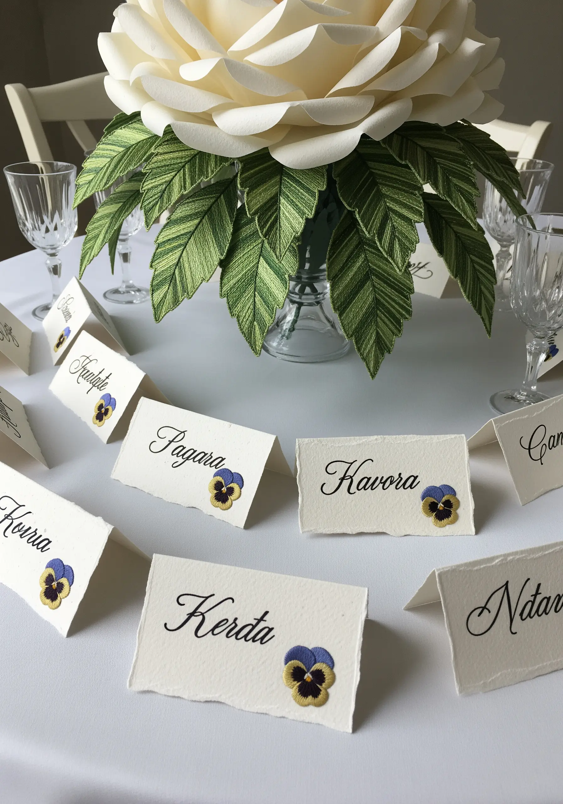 Elegant wedding place cards on textured paper, each with a small hand-embroidered pansy.