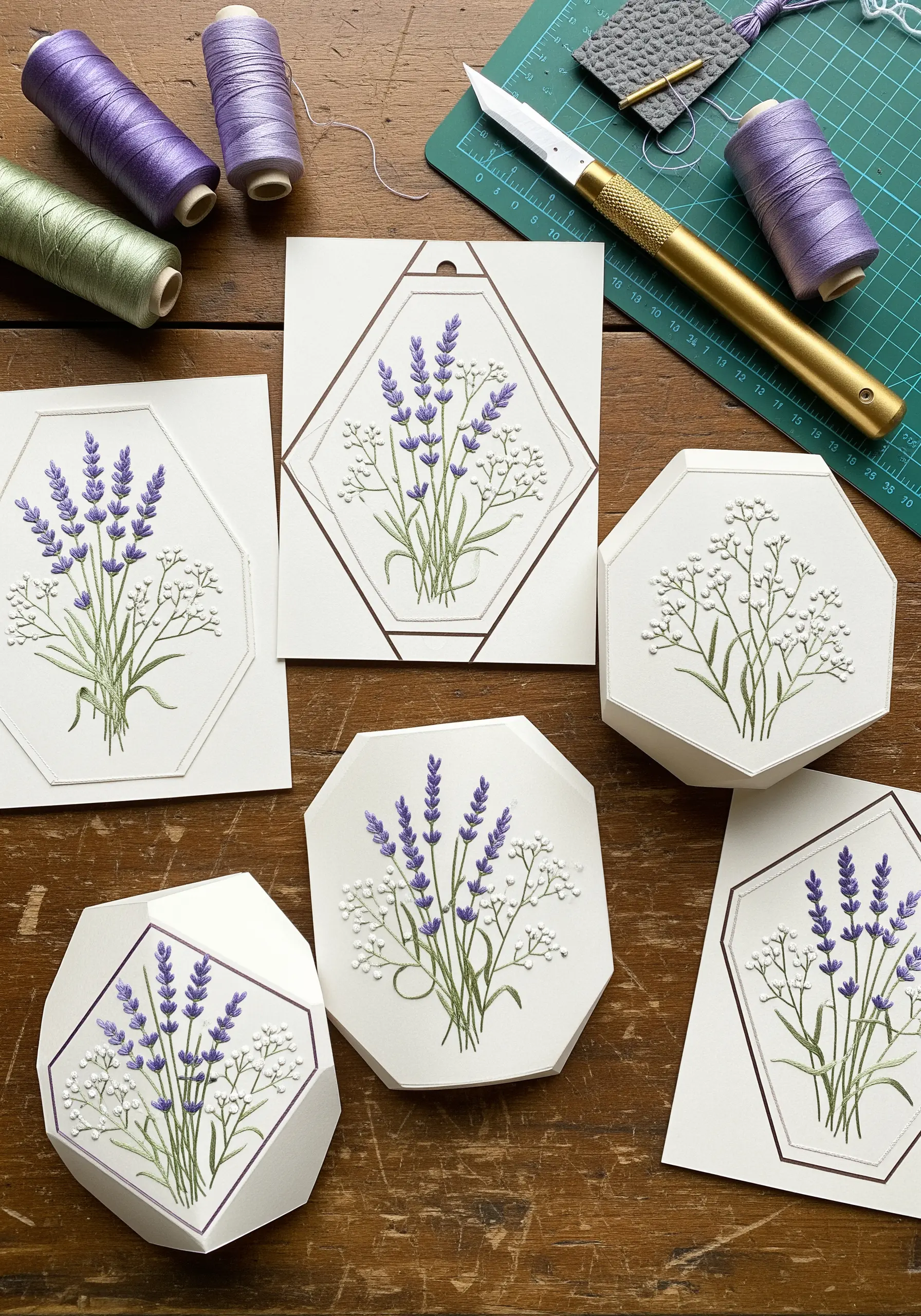 Lavender bouquets embroidered on geometric white cardstock tags and frames.