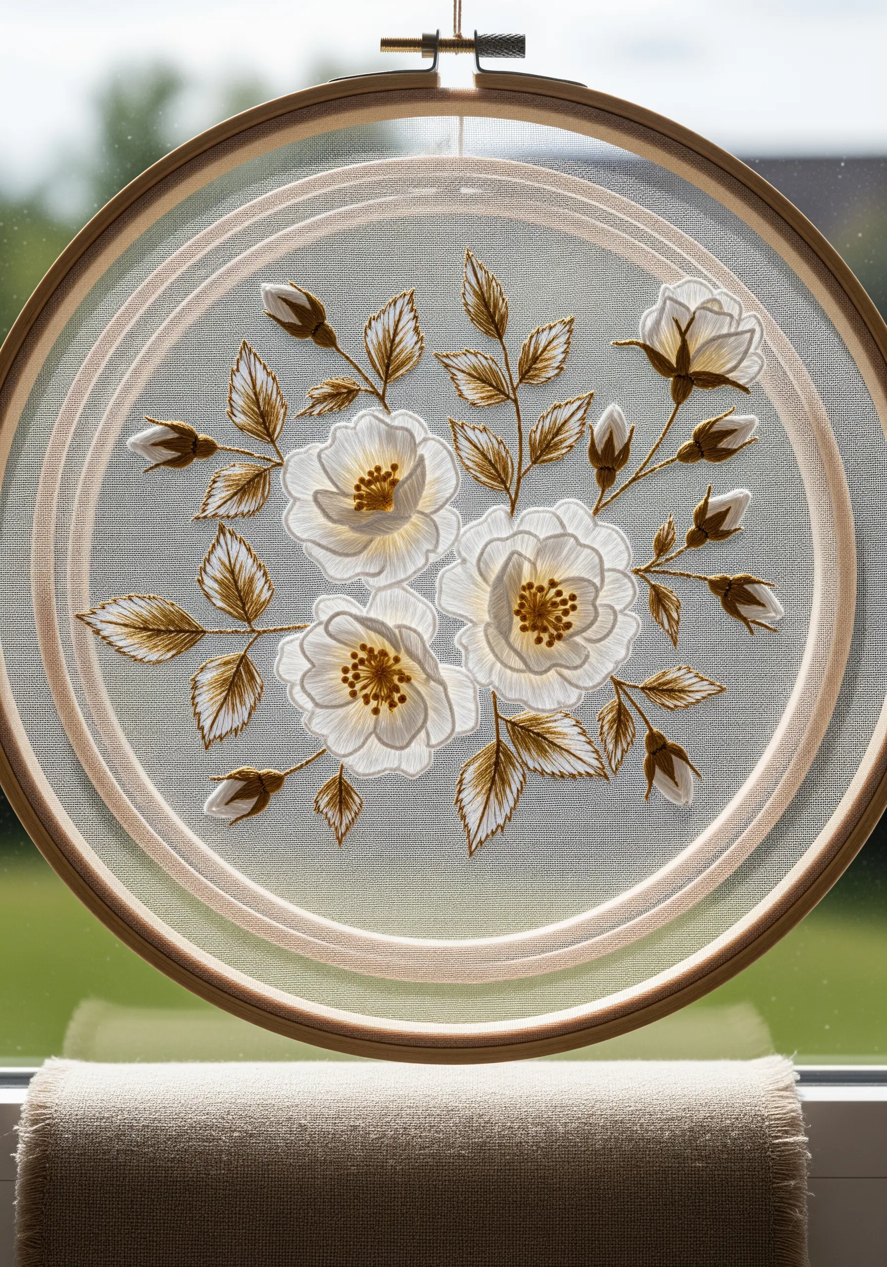 Delicate white and gold flowers embroidered on sheer tulle, creating a floating effect in a hoop.