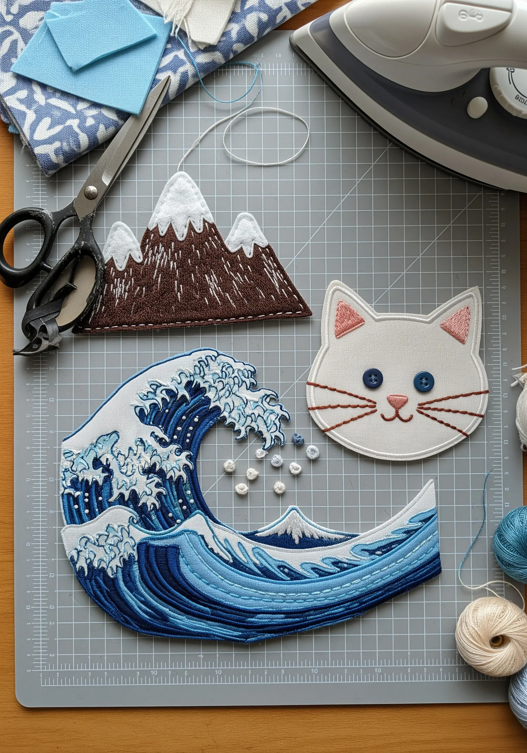A collection of handmade appliqué patches including a cat, mountains, and The Great Wave.