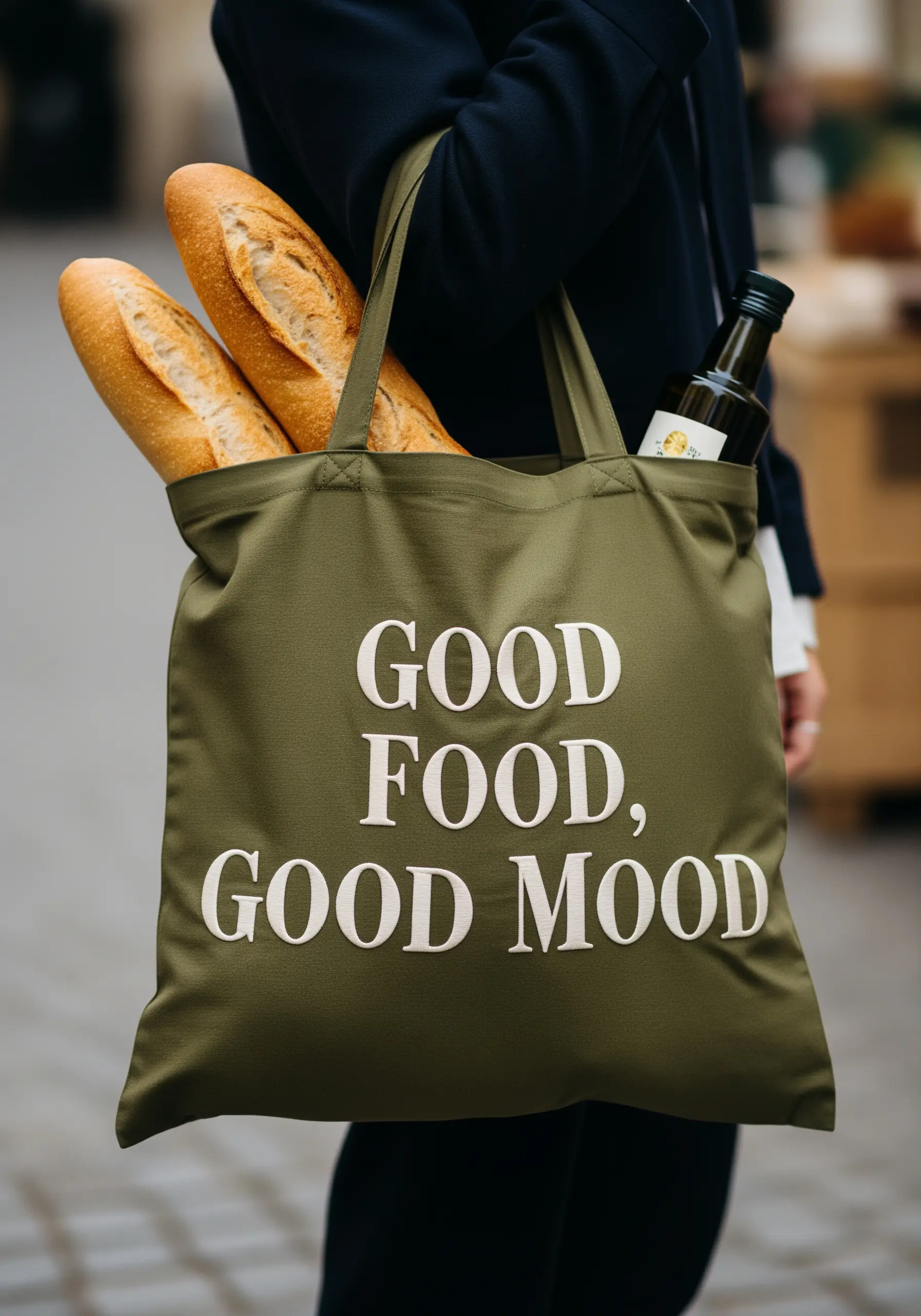Olive green tote bag with 'Good Food, Good Mood' in raised white embroidered lettering.