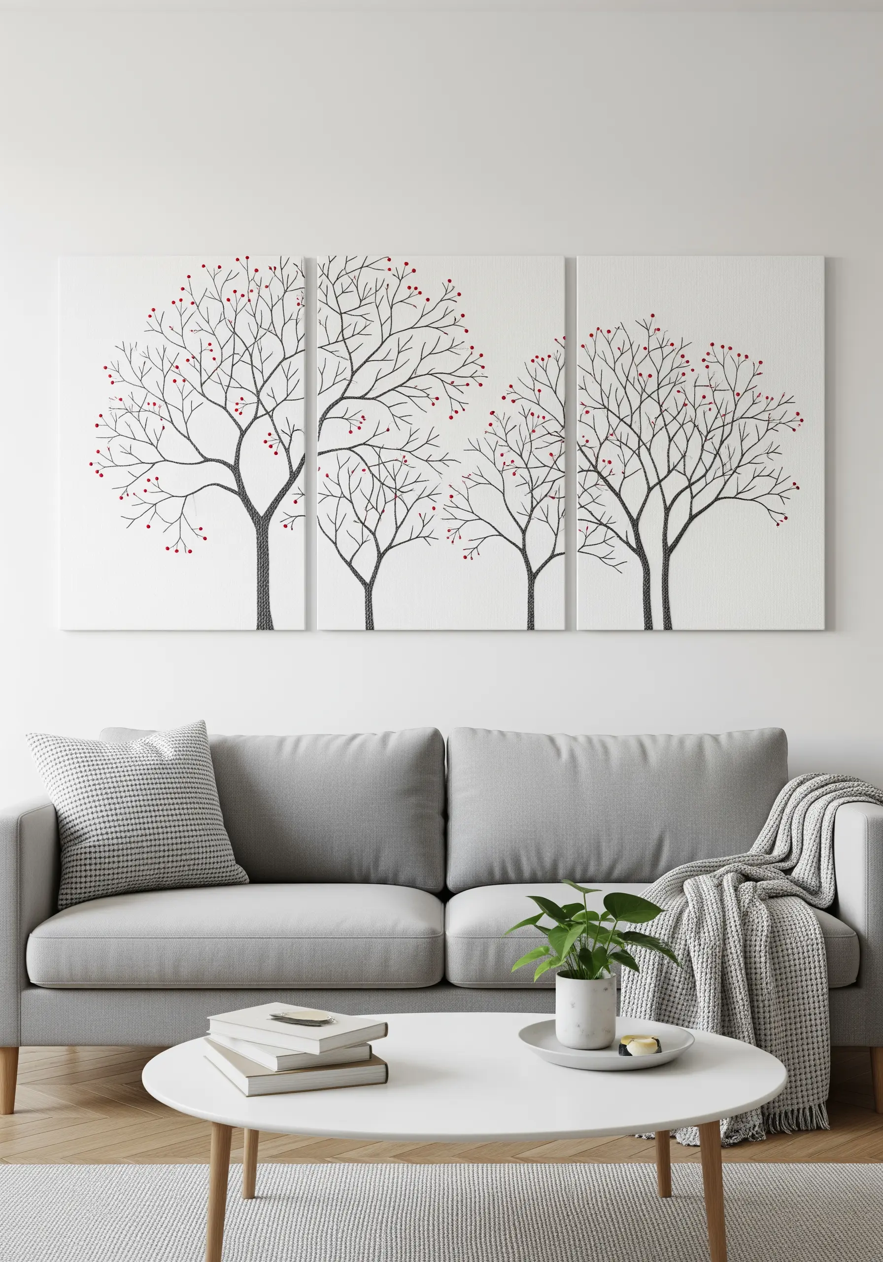 A three-panel (triptych) embroidery of minimalist trees with grey branches and red berry details.