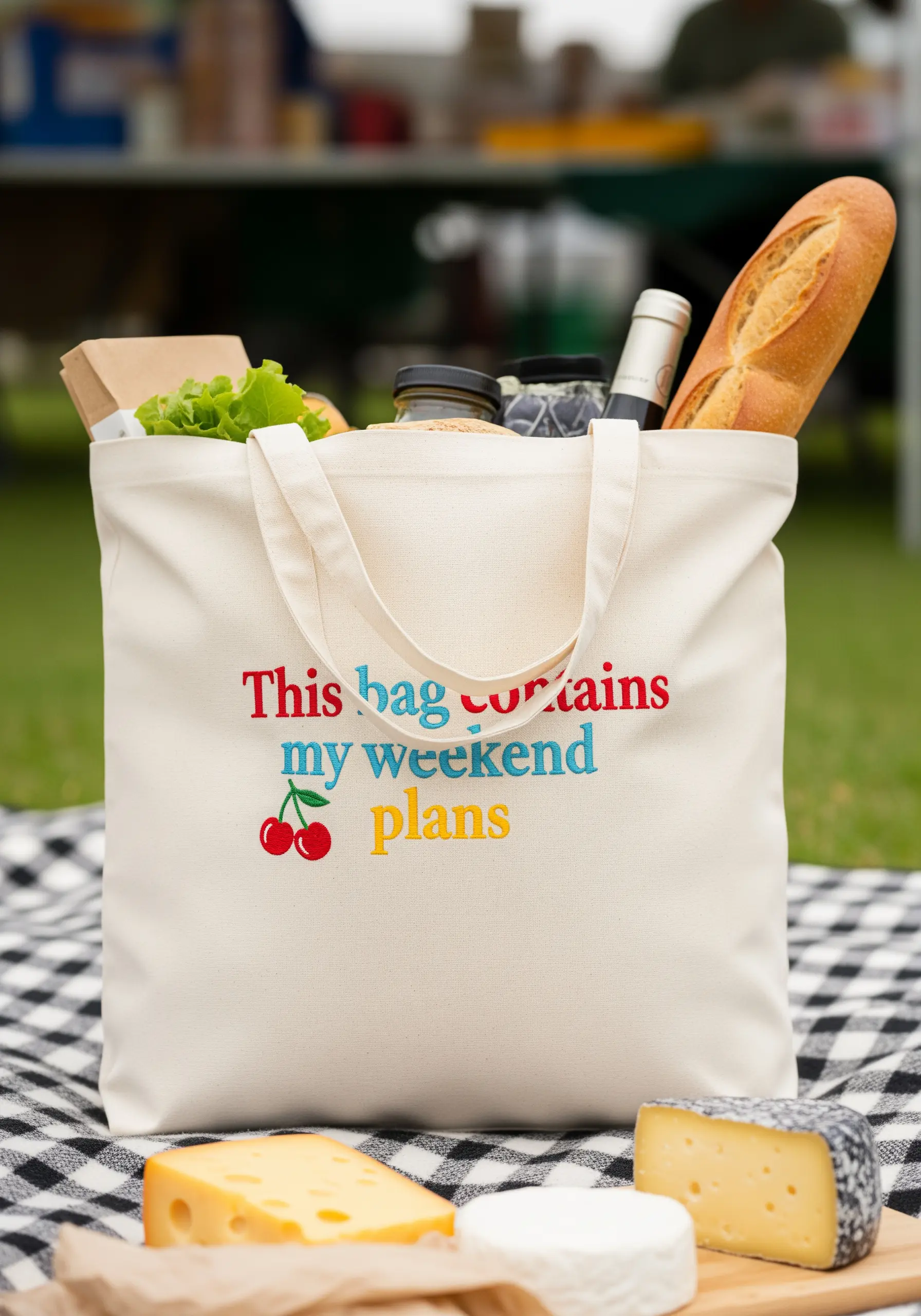 Canvas tote with a playful, multi-colored embroidered quote about weekend plans.