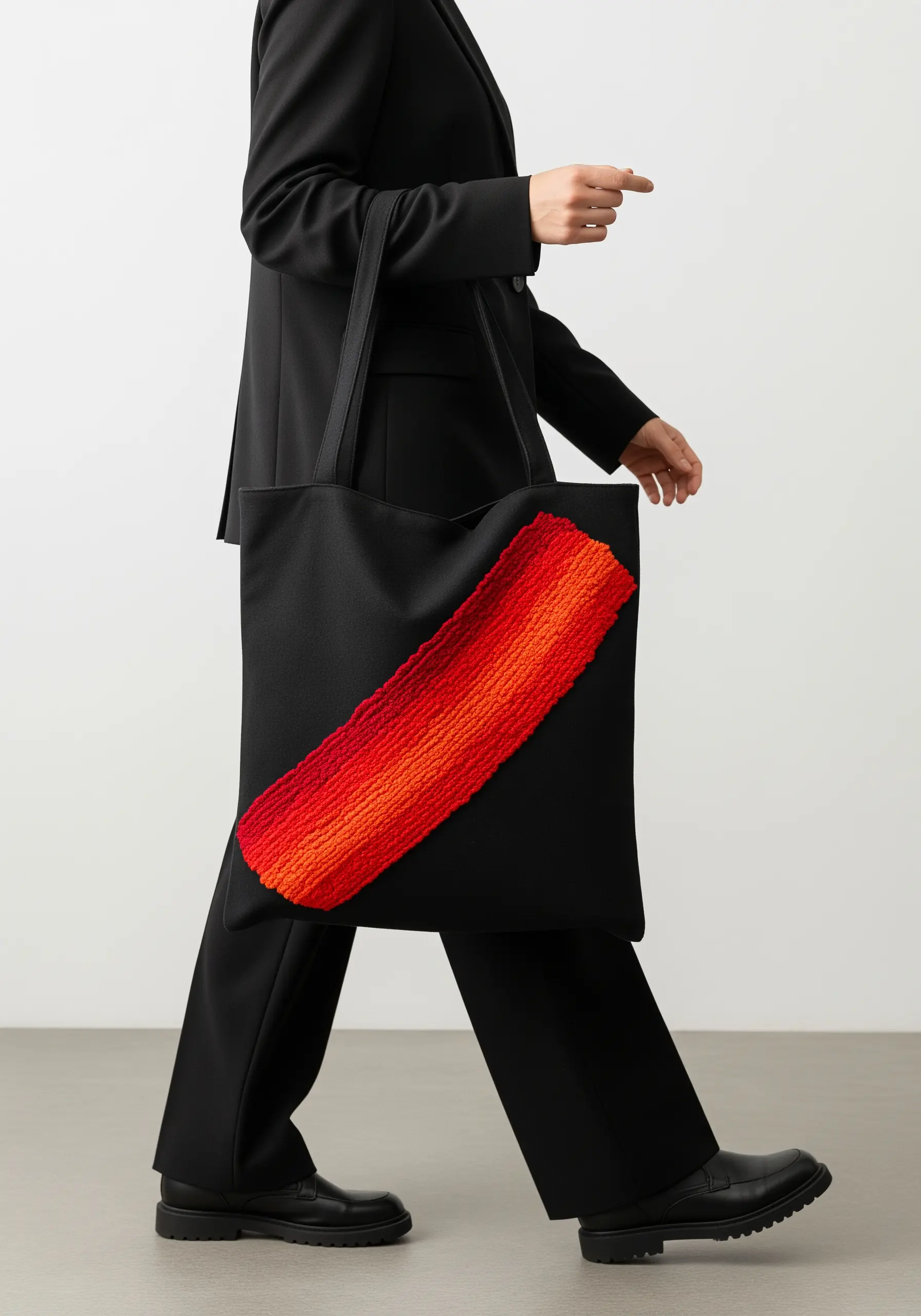 A thick, plush diagonal stripe in a red-to-orange gradient on a black tote bag.