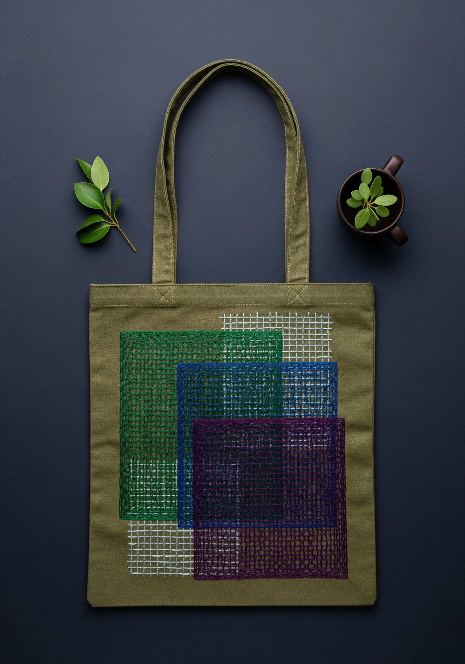 Overlapping woven squares in green, blue, and purple on an olive green tote bag.