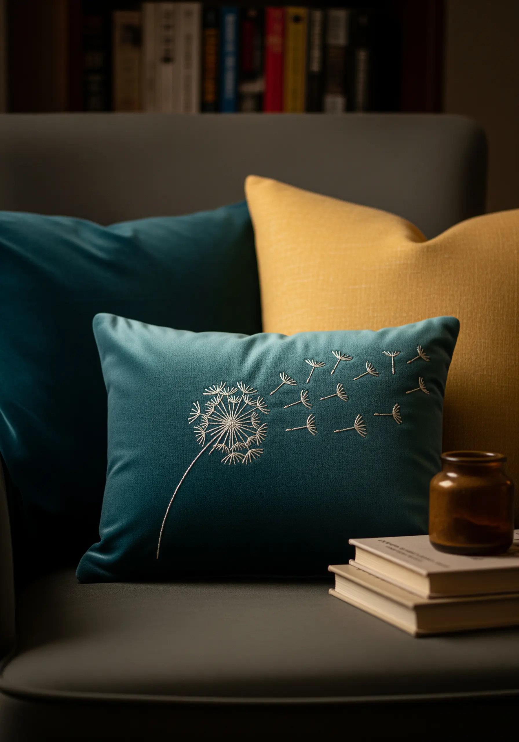 A teal velvet cushion embroidered with a white dandelion and seeds blowing in the wind.