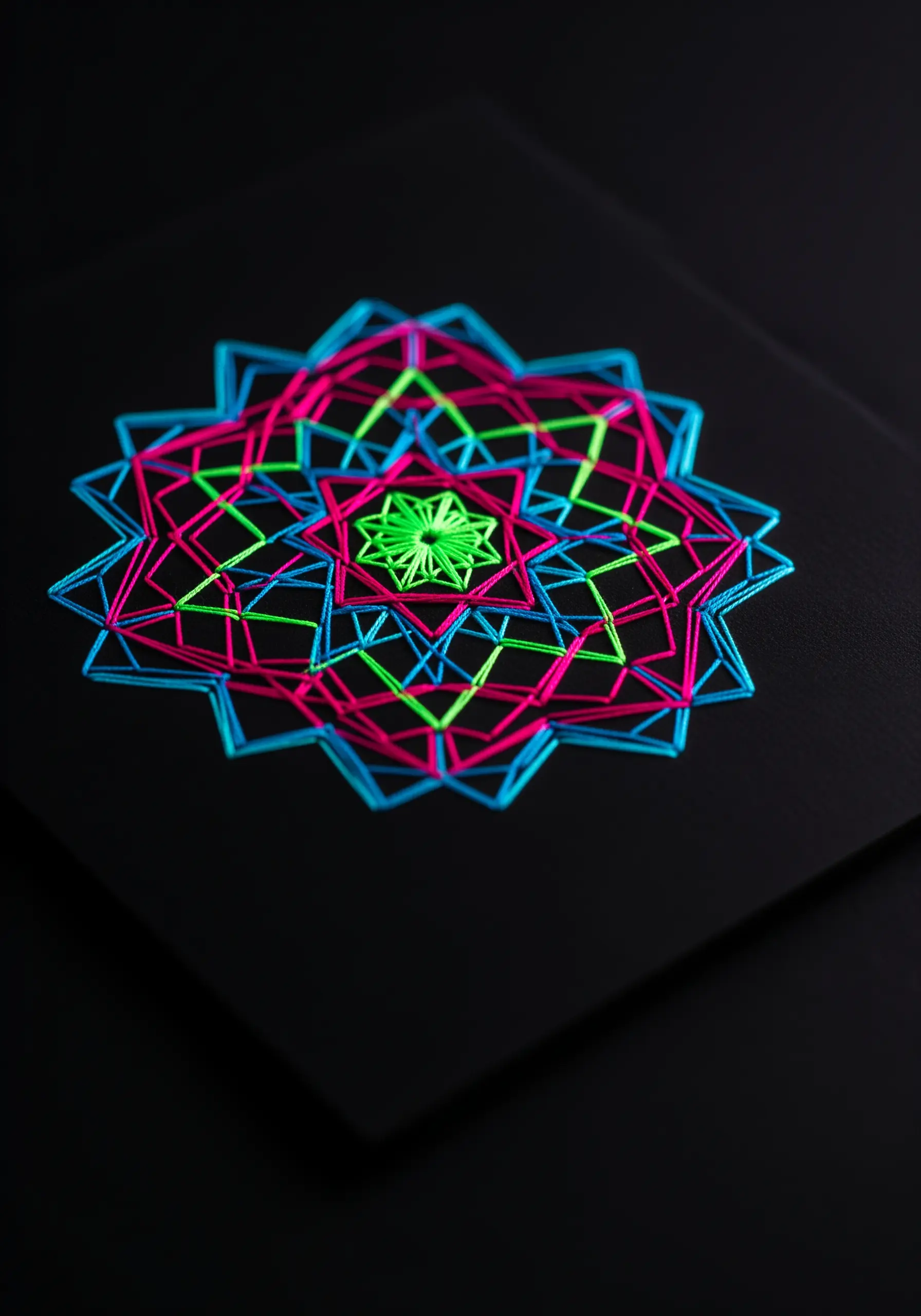A geometric mandala made with neon pink, green, and blue thread on black cardstock.