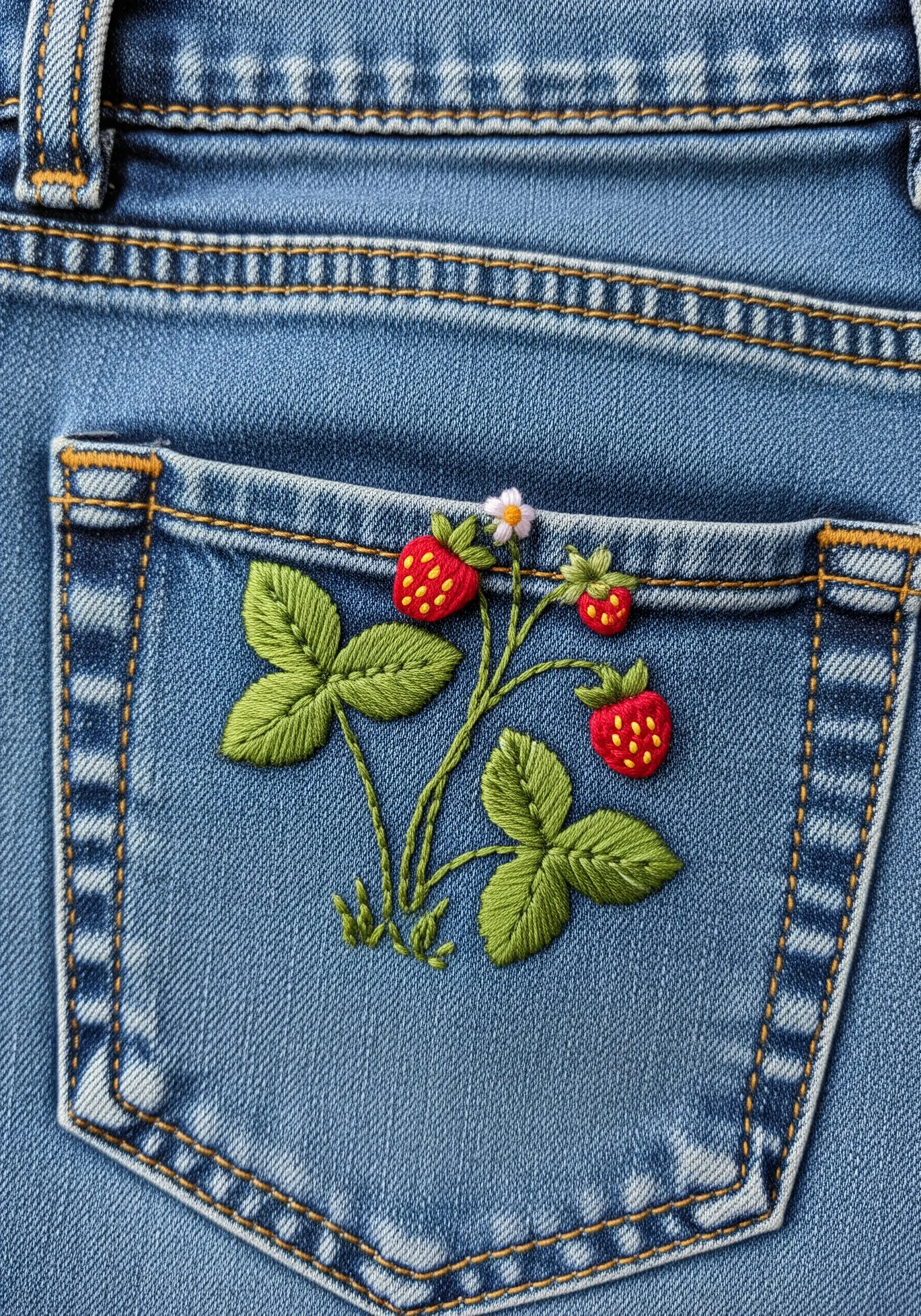 A small branch of strawberries and leaves embroidered on the back pocket of blue jeans.