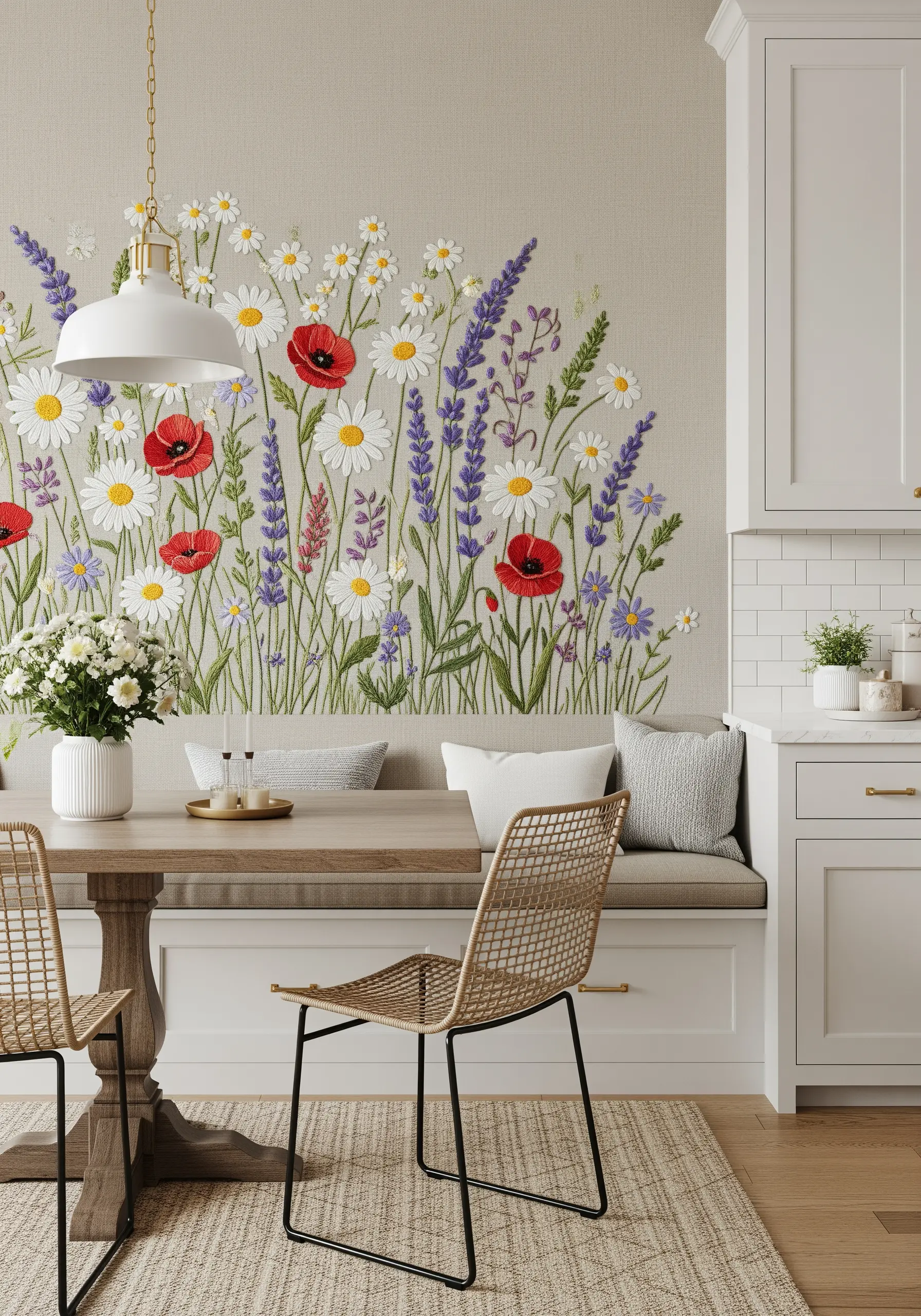 A kitchen wall decorated with an embroidery mural of a wildflower field with poppies, daisies, and lavender.