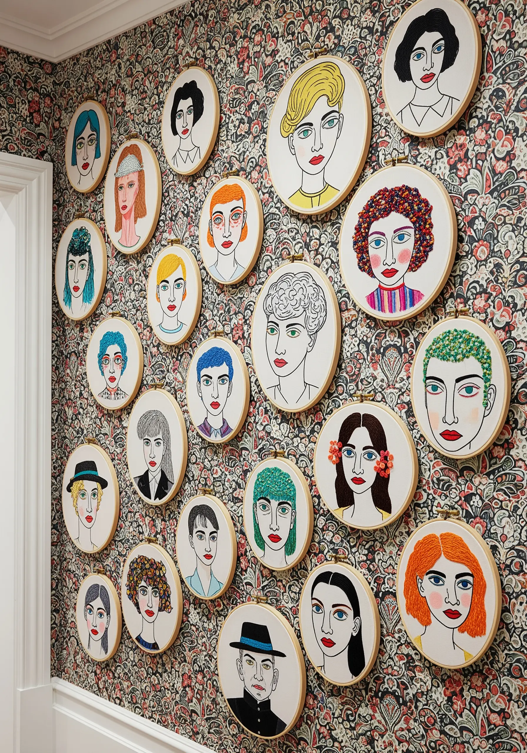 A gallery wall covered in dozens of embroidered portraits, each with unique hair and features.