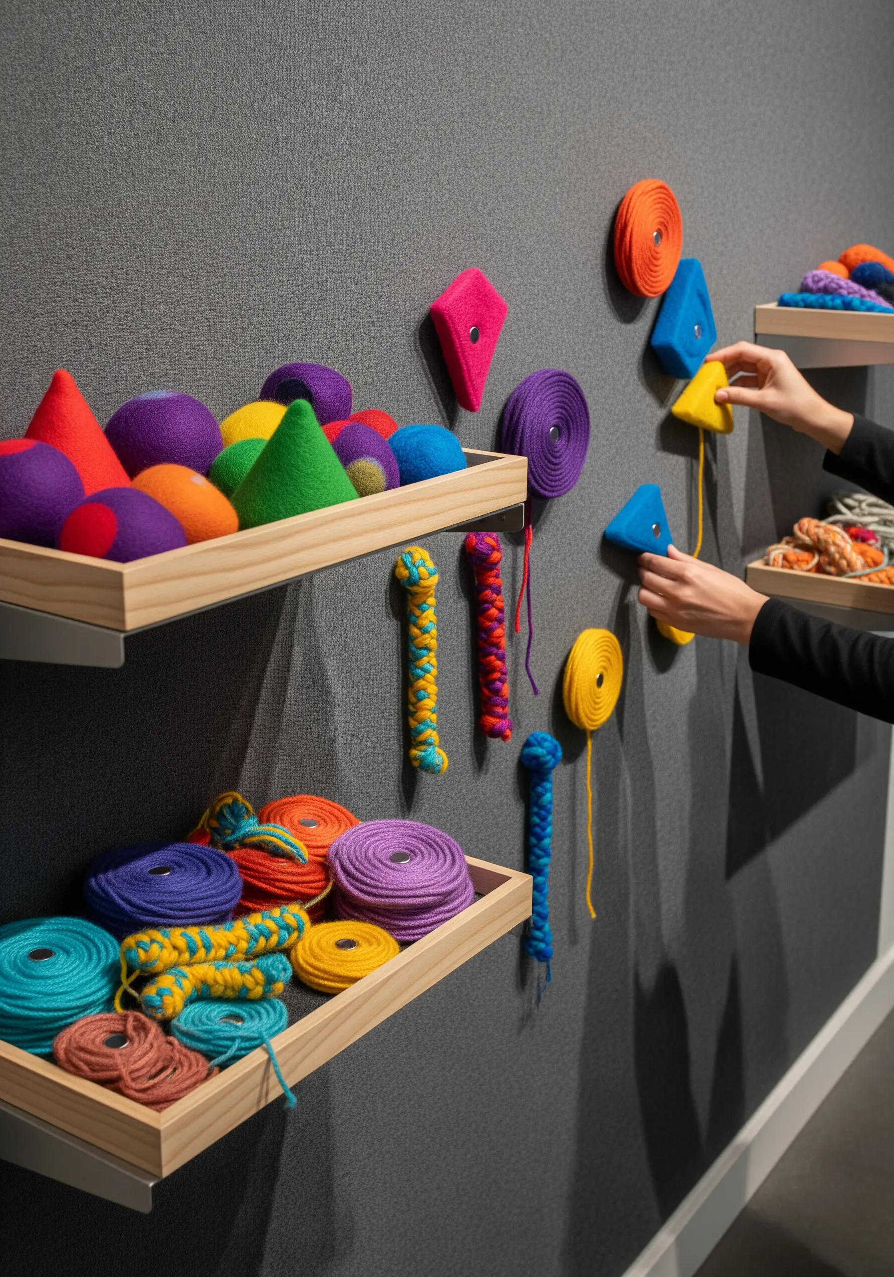 Shelves holding a variety of colorful, tactile fiber art objects like felted cones and braided cords.