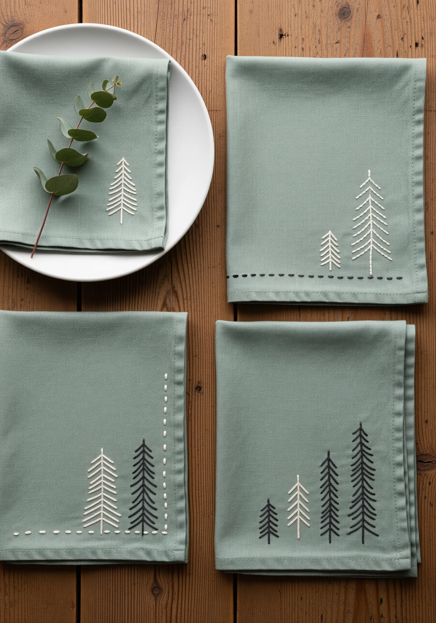 Four sage green napkins with minimalist embroidered trees in white and black thread.