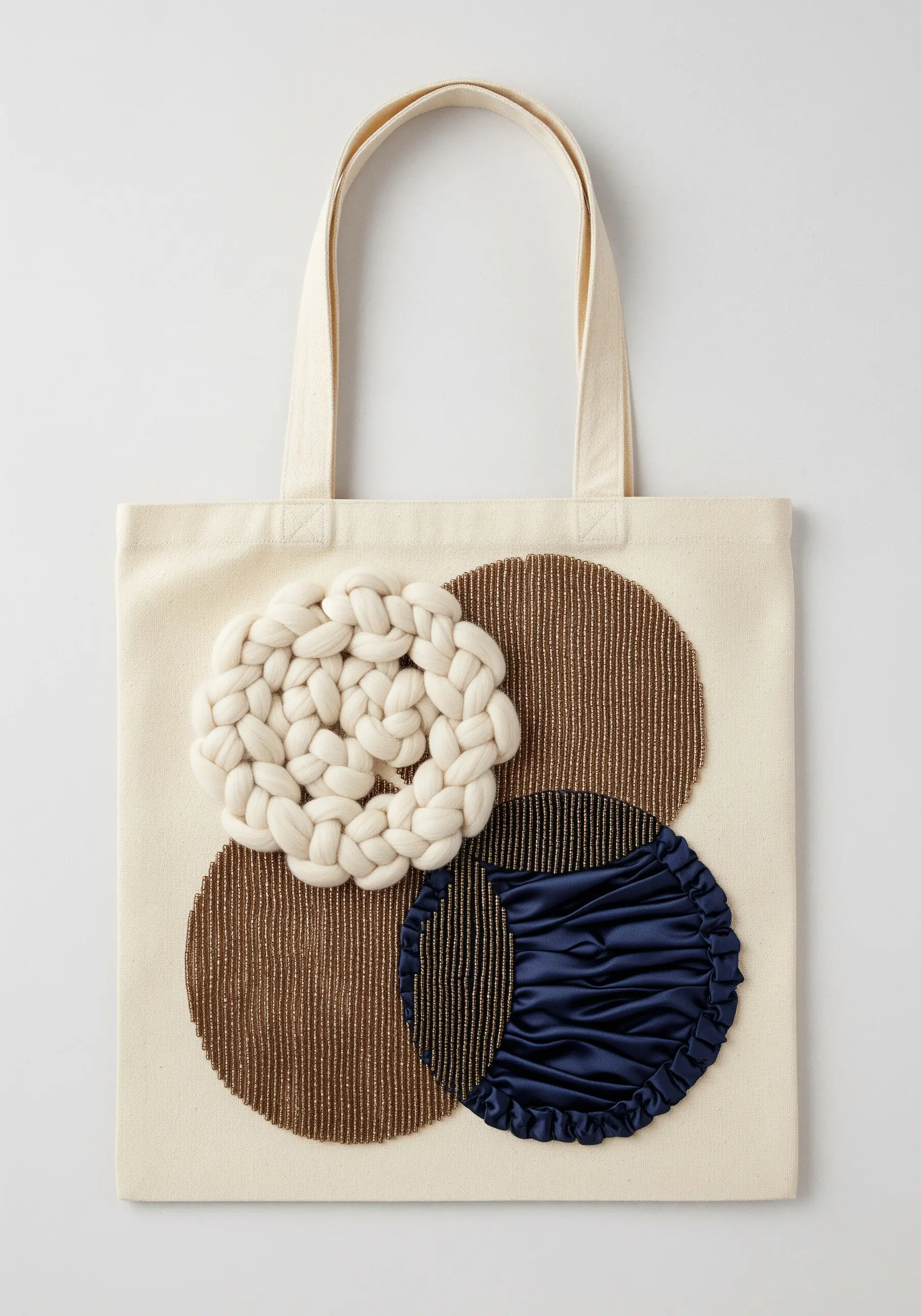 Four circles on a tote bag, each filled with a different texture: beads, yarn, and fabric.