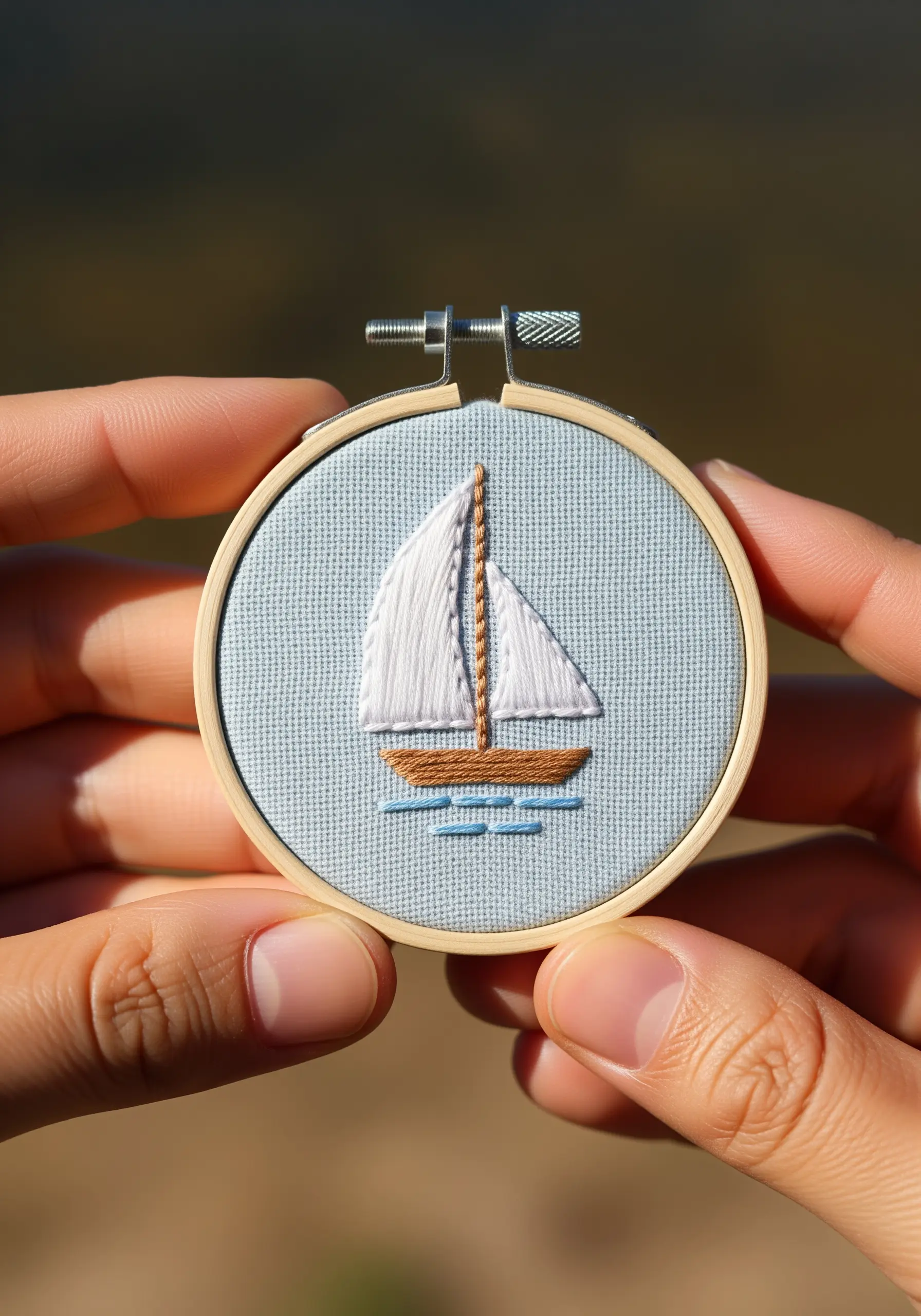 Miniature sailboat with vertical and horizontal satin stitches.