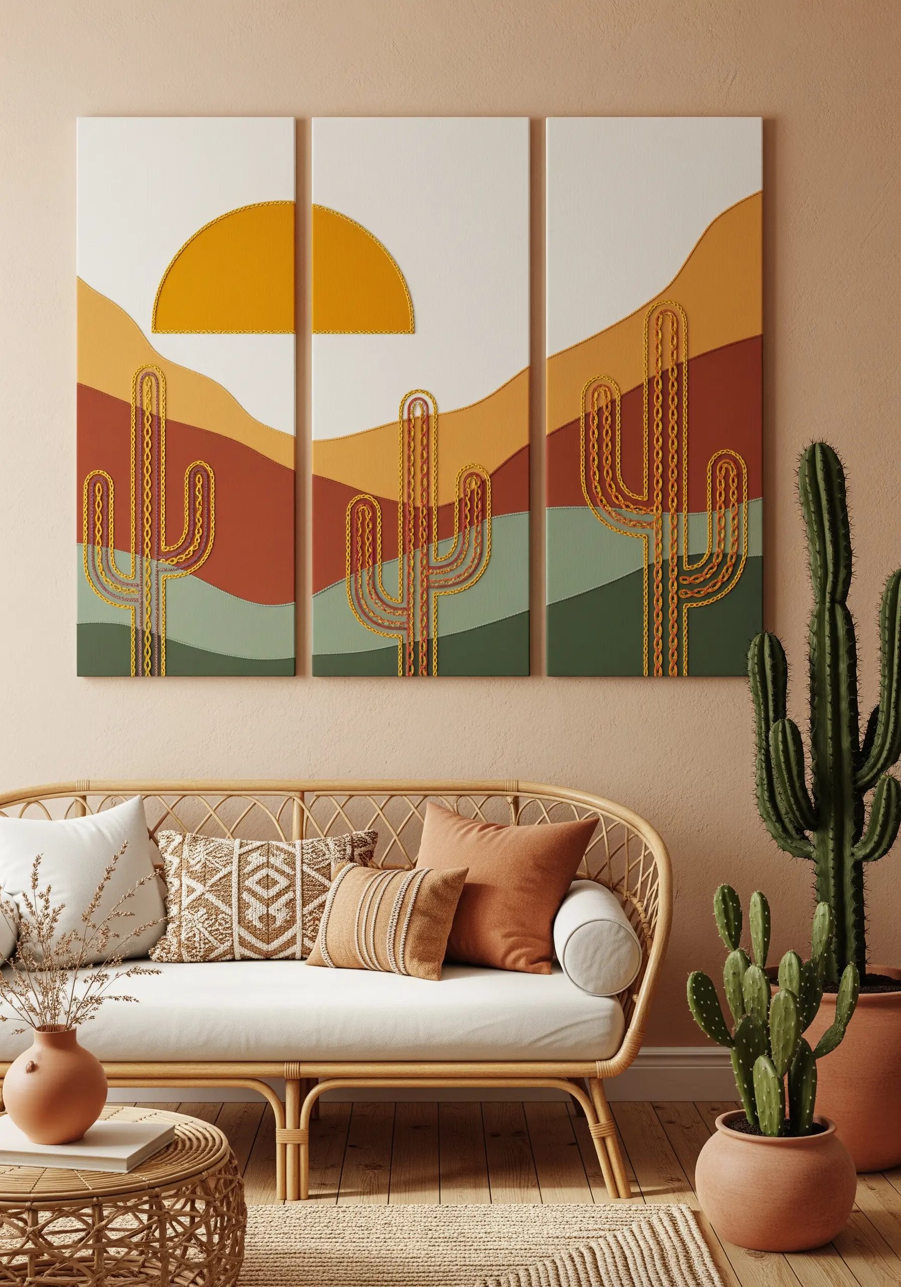 A triptych wall art of a desert landscape using appliqué and bold chain stitch outlines.