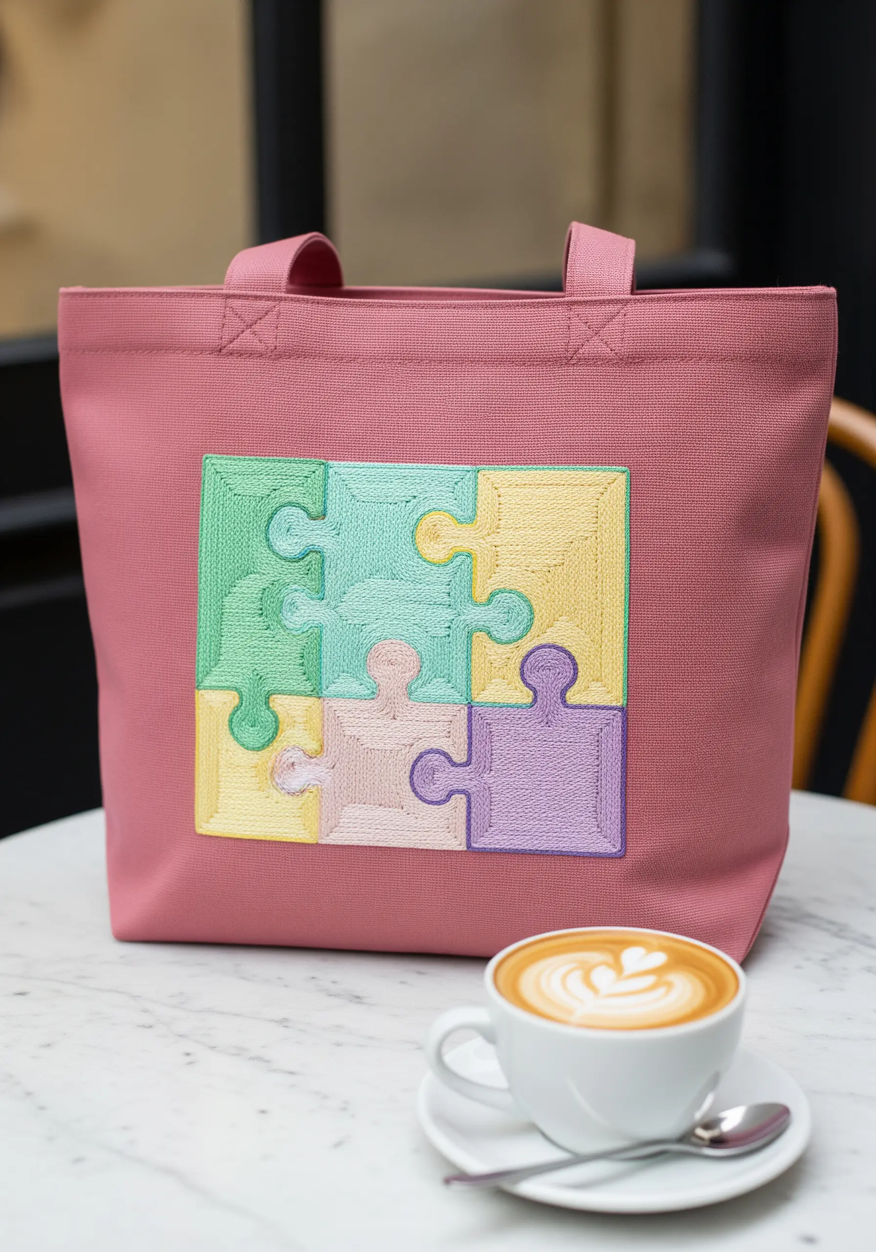 Pastel-colored puzzle pieces embroidered on a pink tote, each with a textured fill.