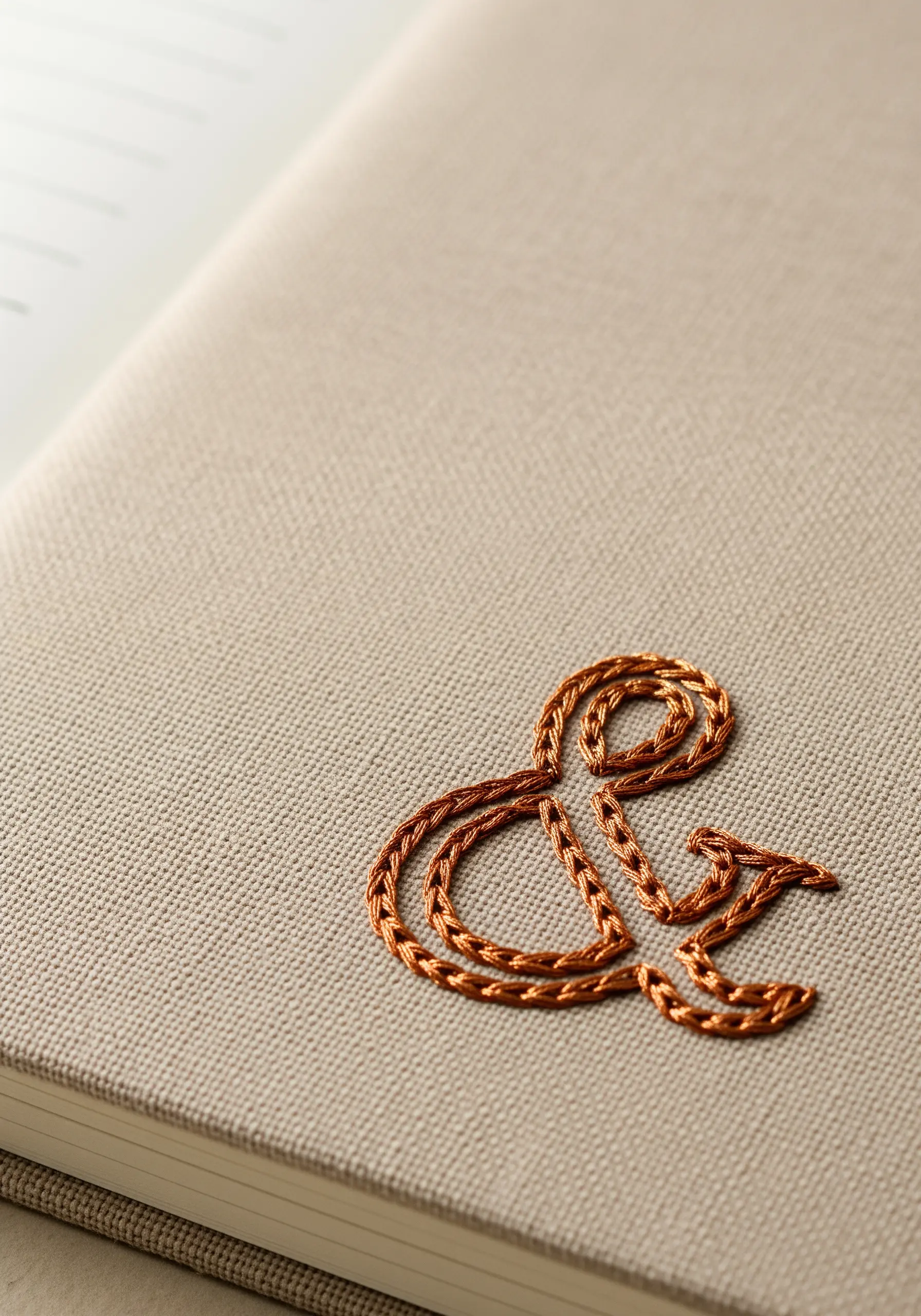 A copper-colored ampersand embroidered onto the cover of a linen journal using chain stitch.