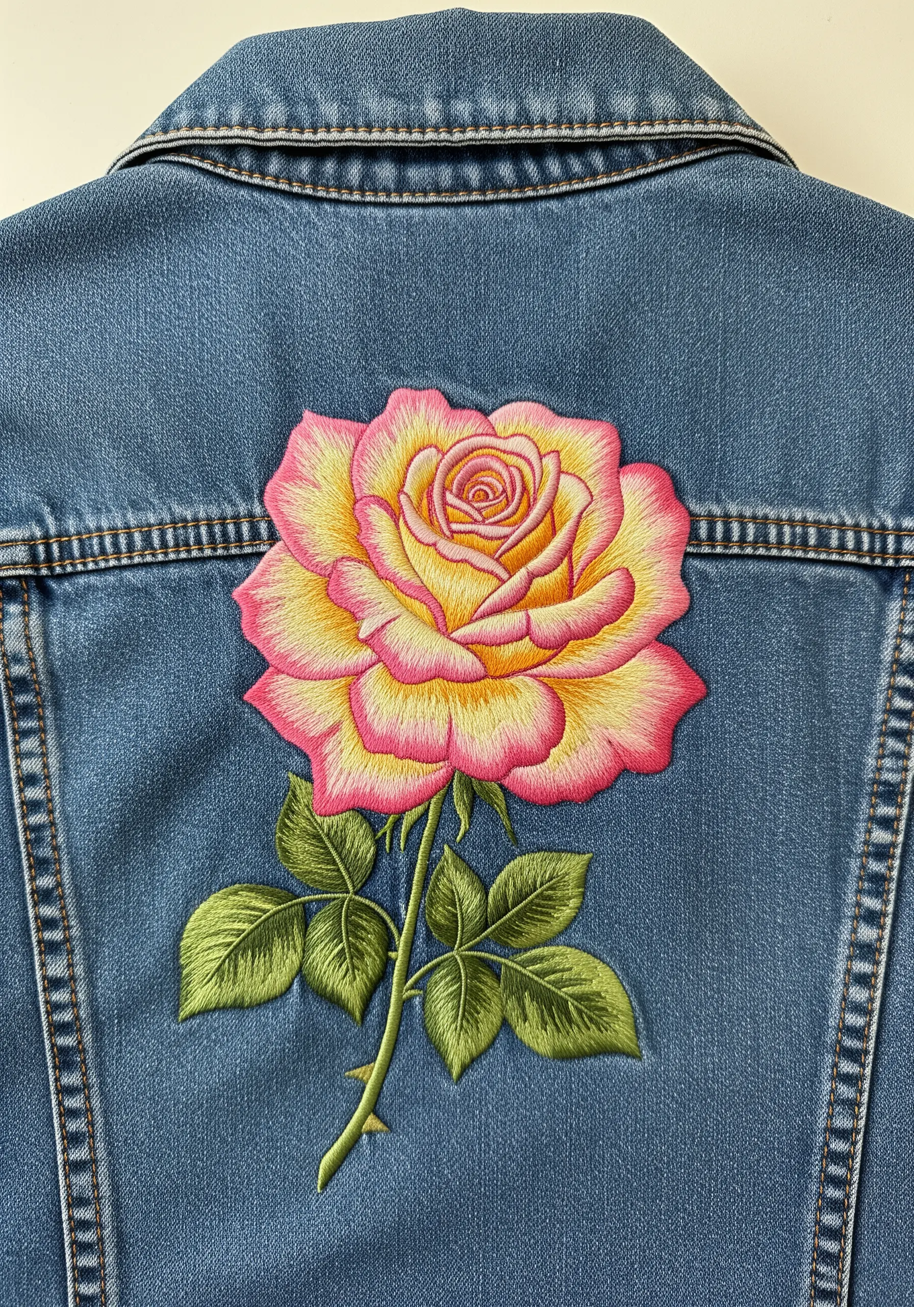 A large, vibrant pink and yellow rose embroidered on the back of a denim jacket.