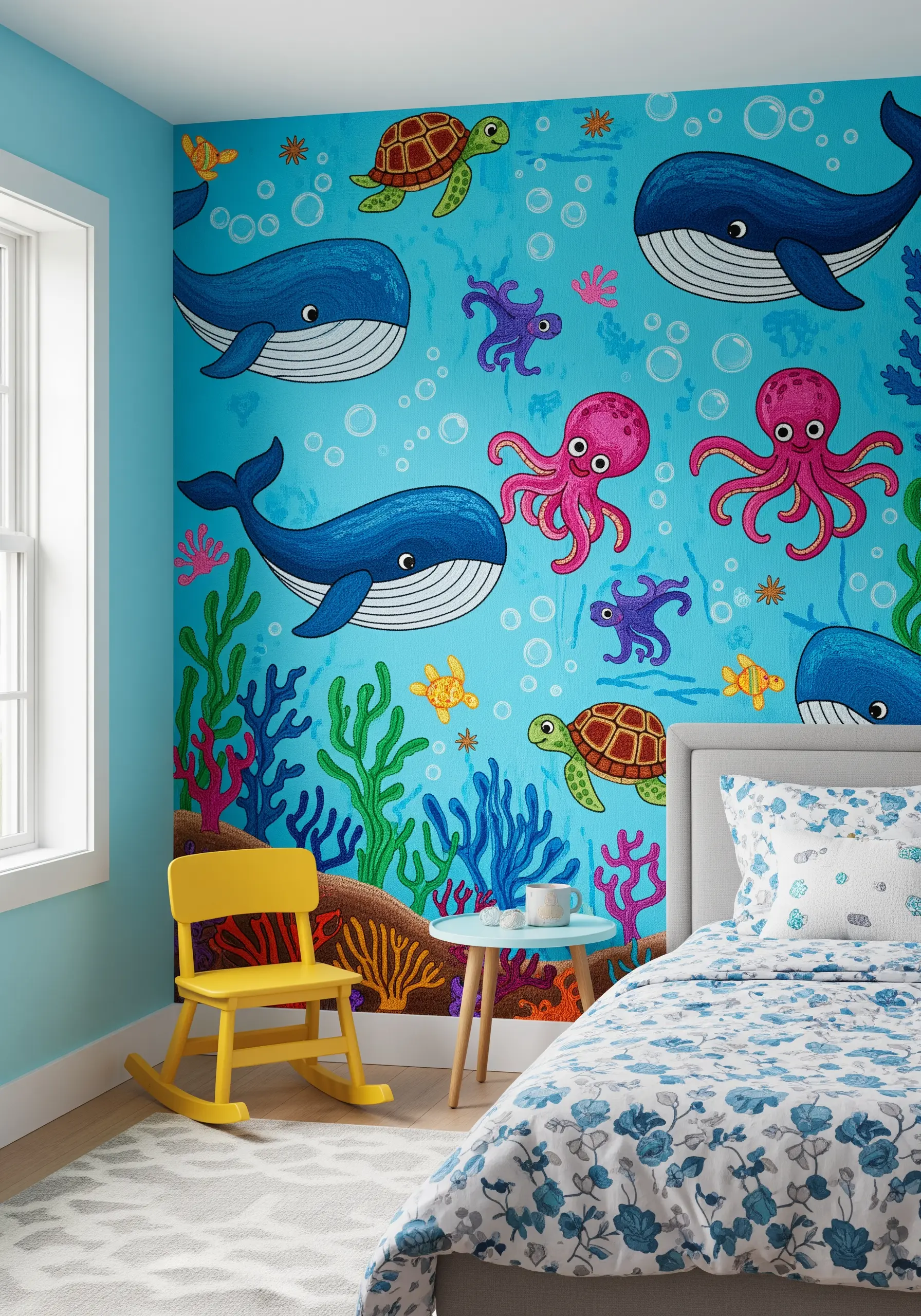 A bright and colorful children's bedroom mural with embroidered whales, turtles, and octopuses.