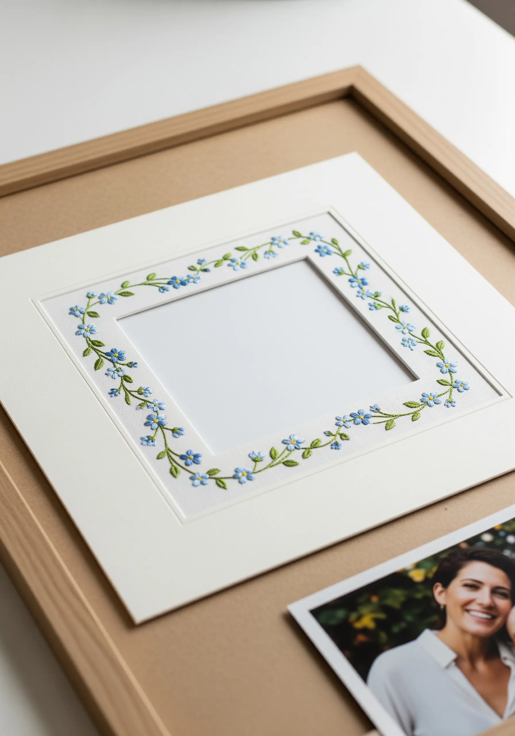 A picture frame with a custom mat board hand-embroidered with a blue forget-me-not border.