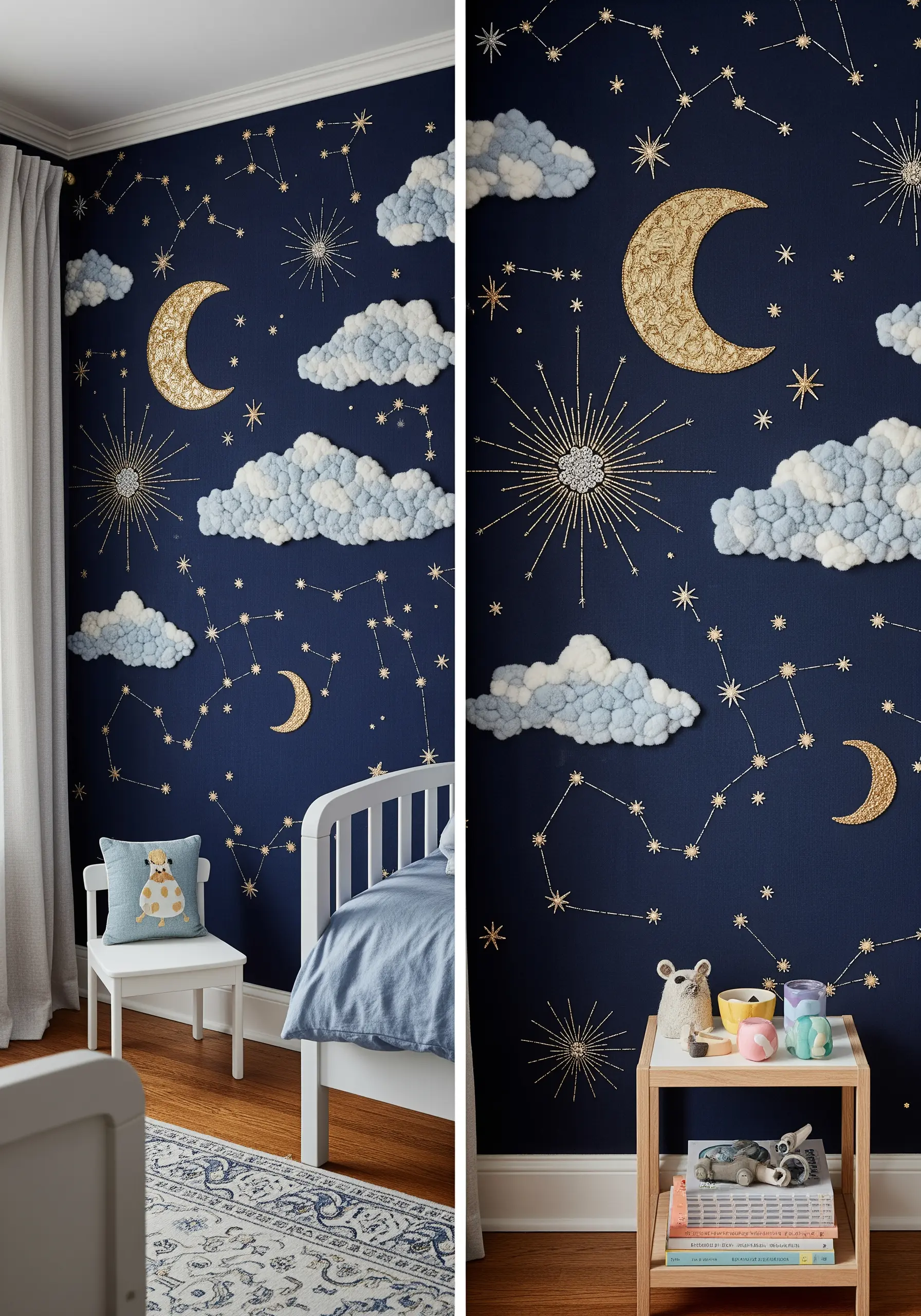 Nursery wall mural with embroidered constellations, metallic moon, and fluffy 3D clouds made from wool.