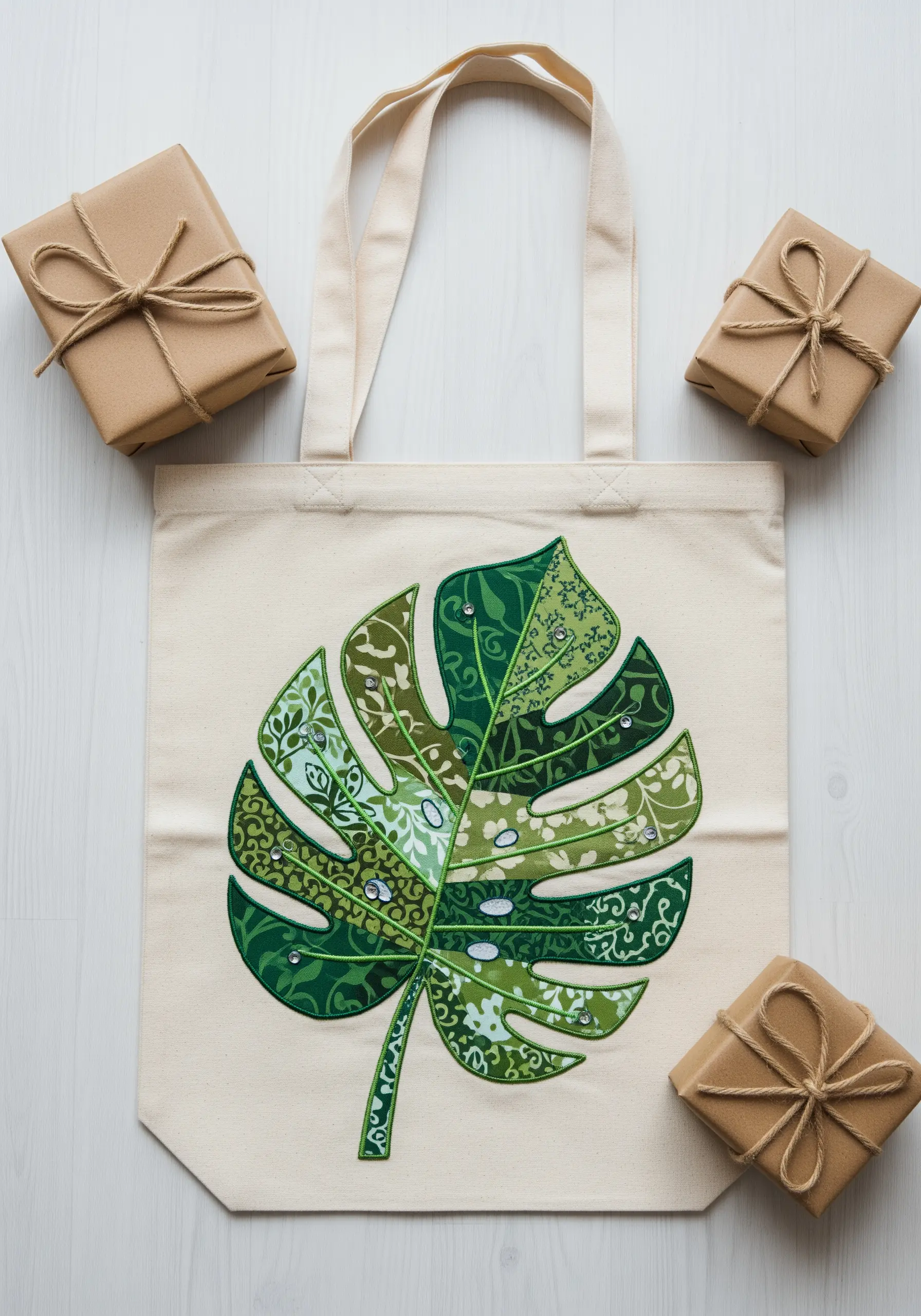 A tote bag decorated with a large monstera leaf made from patchwork fabric appliqué.