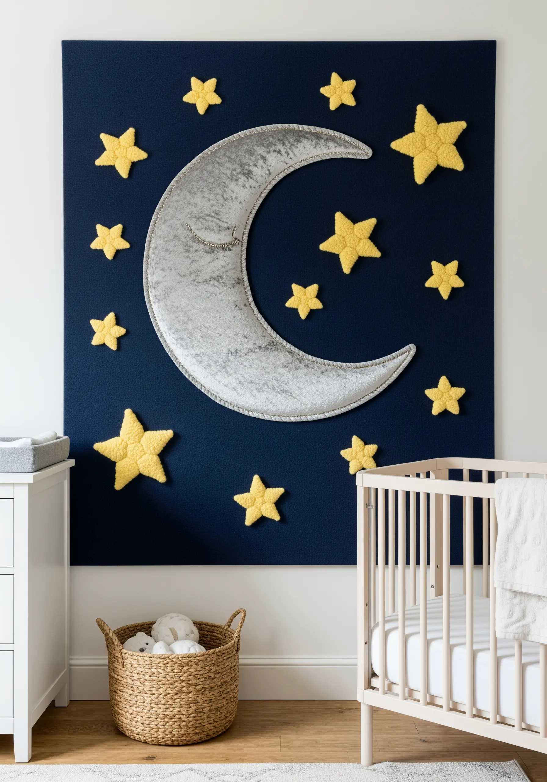 A nursery wall hanging with a large, soft silver moon and yellow stars made from fabric appliqué.