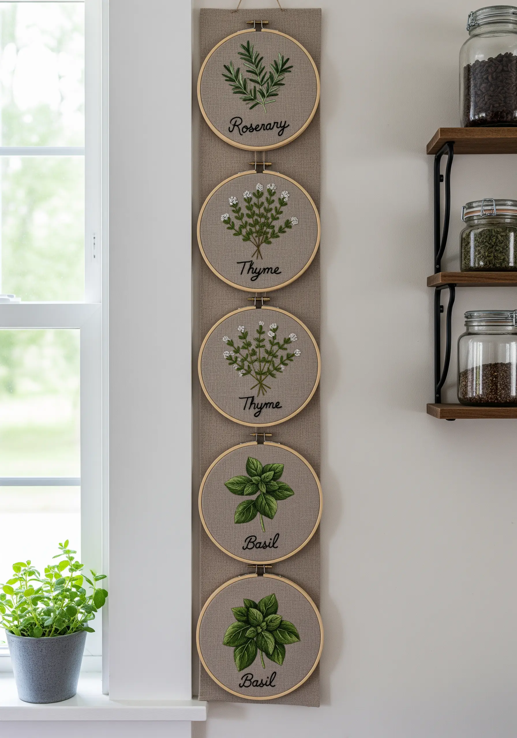 A vertical wall hanging featuring five embroidery hoops with different stitched herbs.