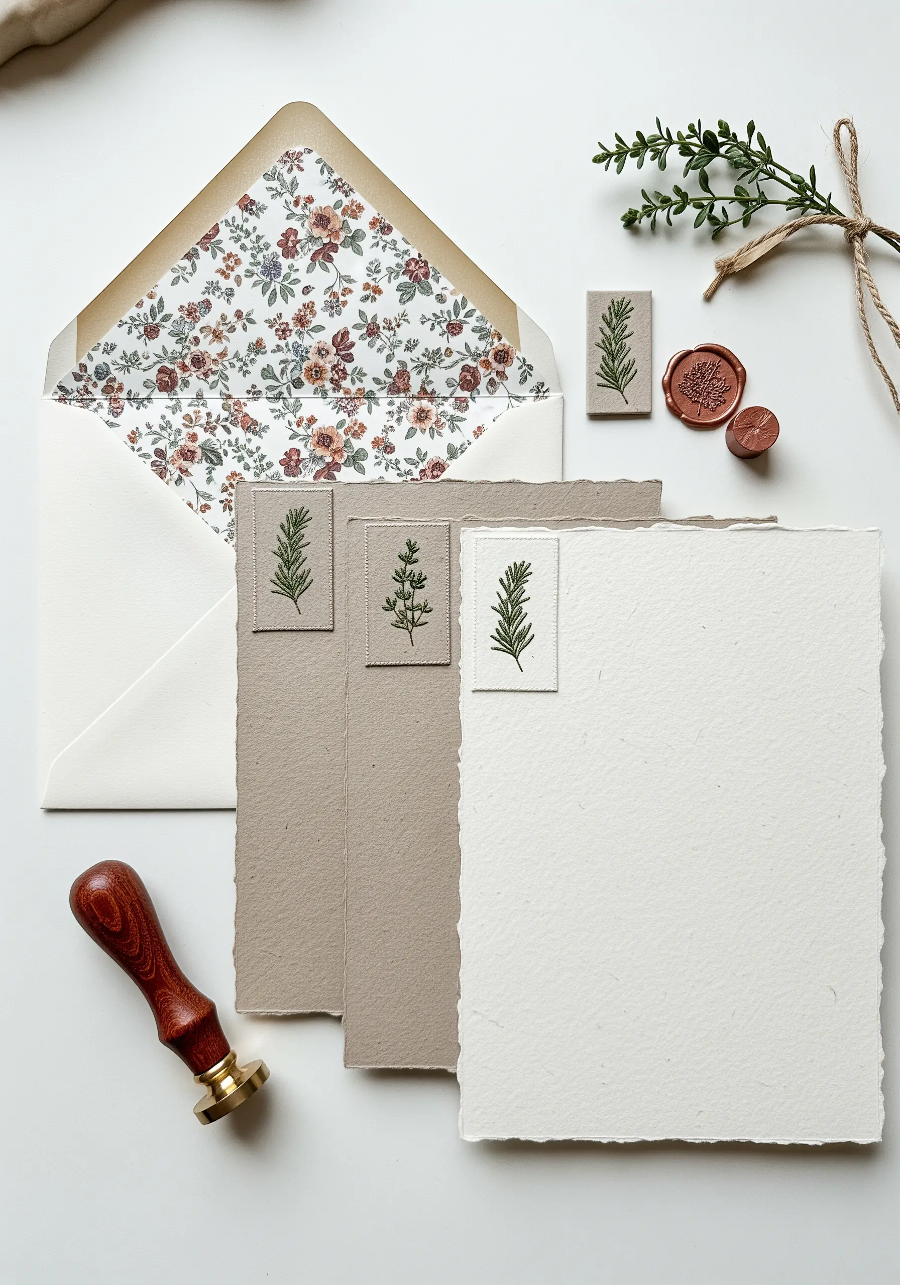 Hand-embroidered rosemary patches attached to elegant, textured letter-writing paper.