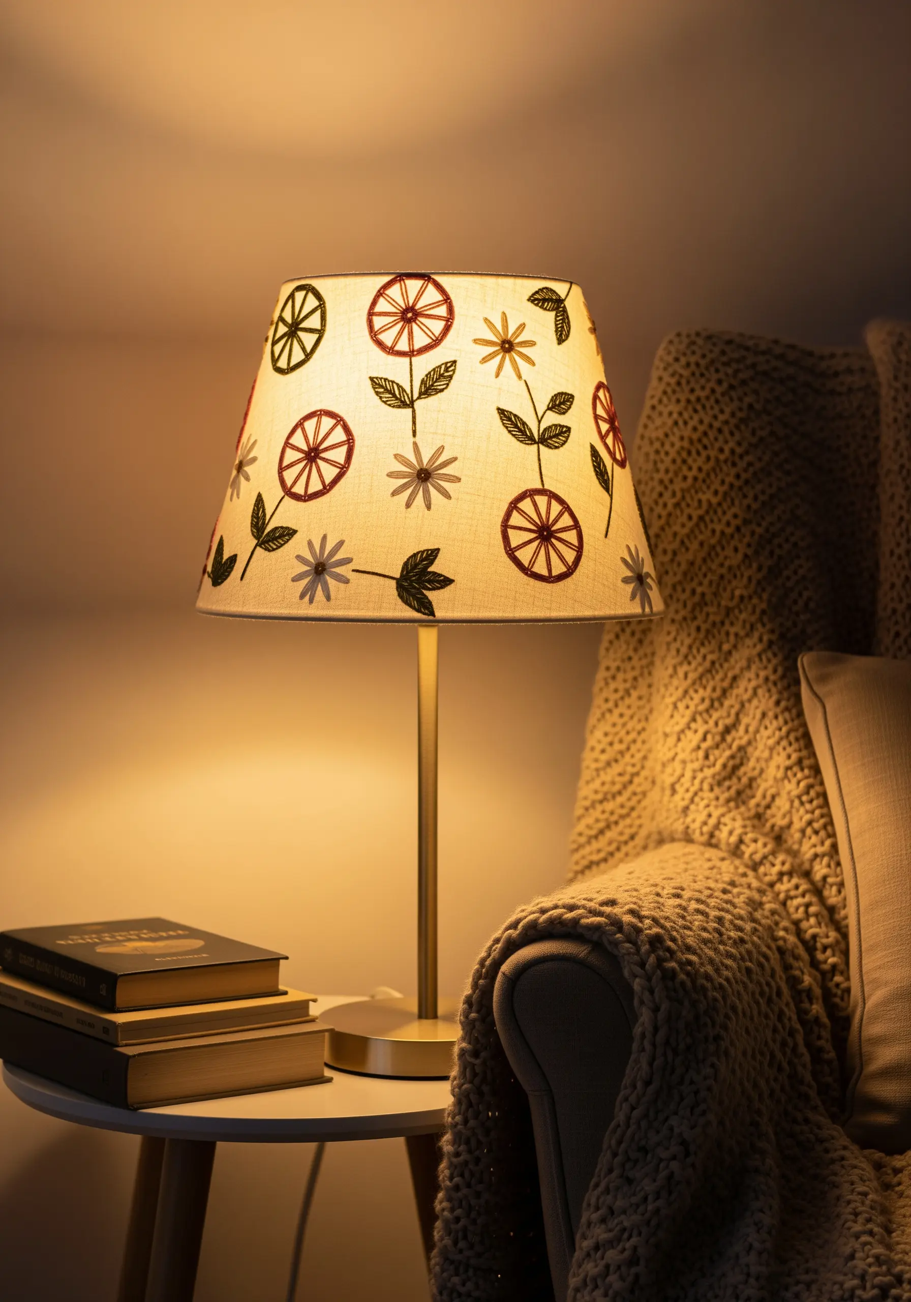 Stylized floral motifs embroidered on a cream lampshade in a cozy room.