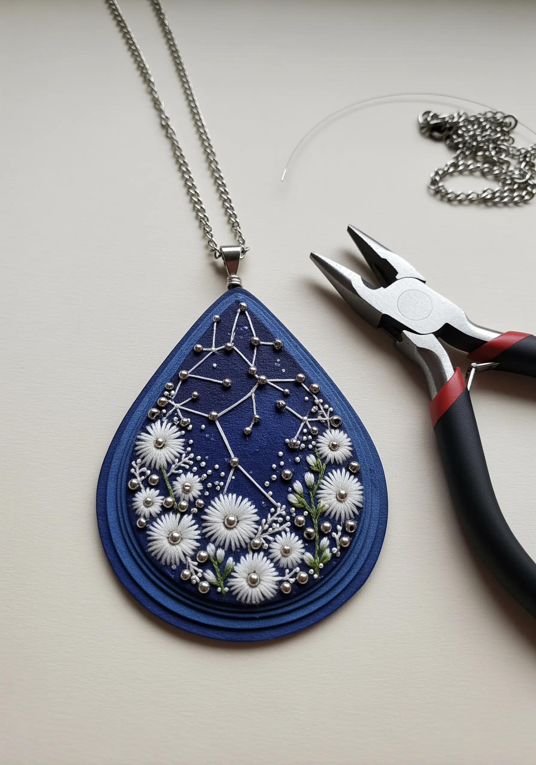 A layered paper pendant with an embroidered constellation, metallic beads, and tiny white flowers.