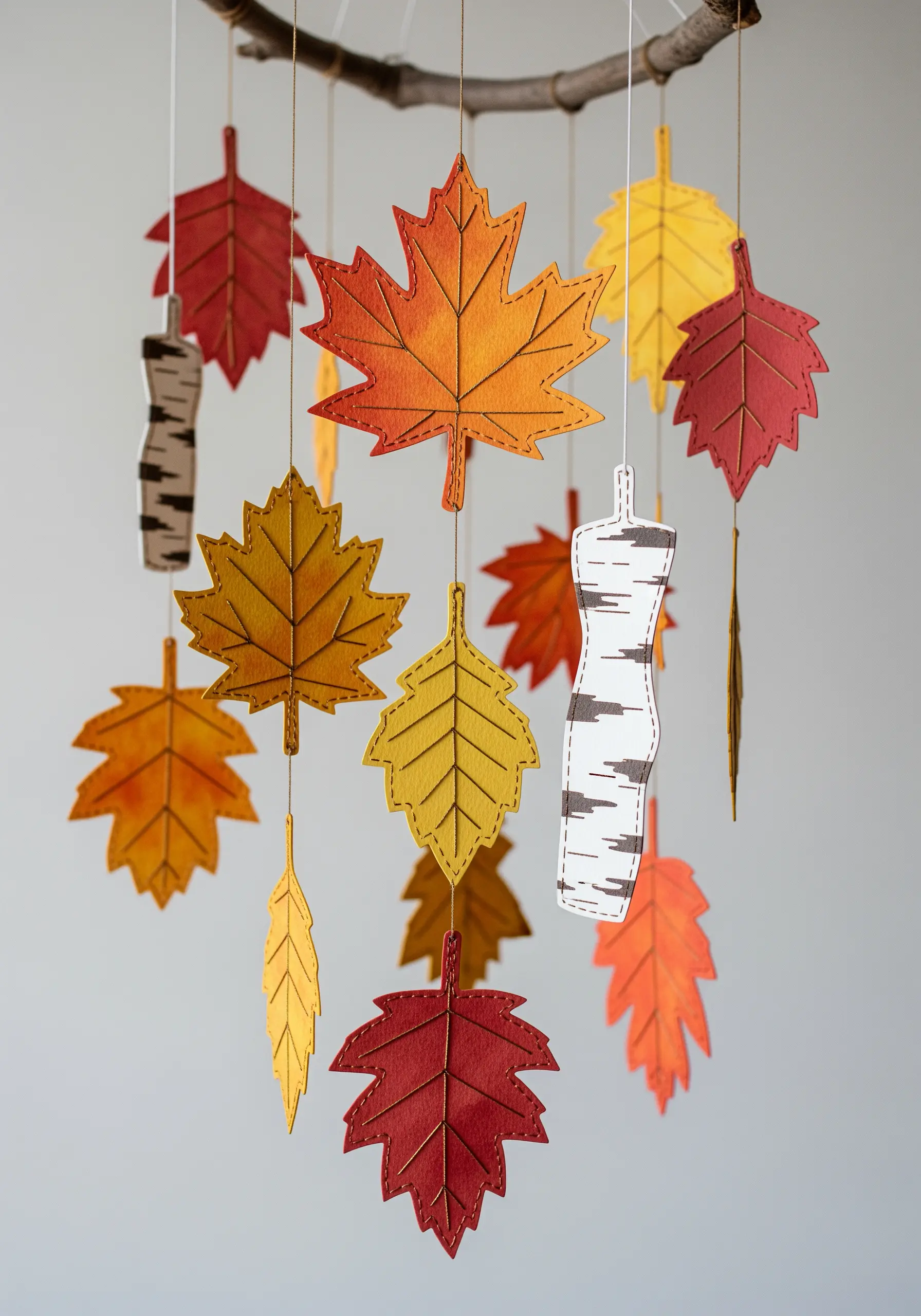A mobile made of paper autumn leaves in orange, yellow, and red, with stitched details for the veins.