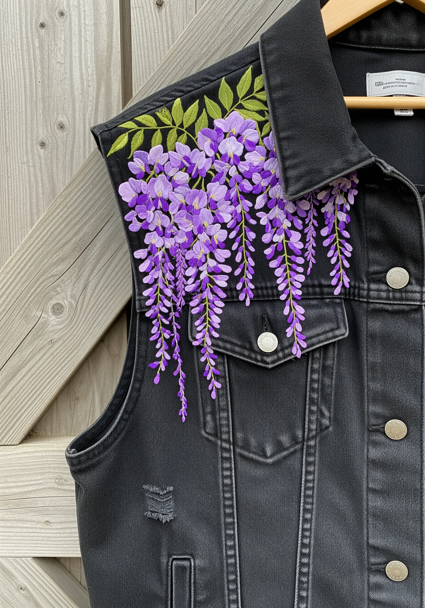 Cascading purple wisteria flowers embroidered over the shoulder of a black denim vest.