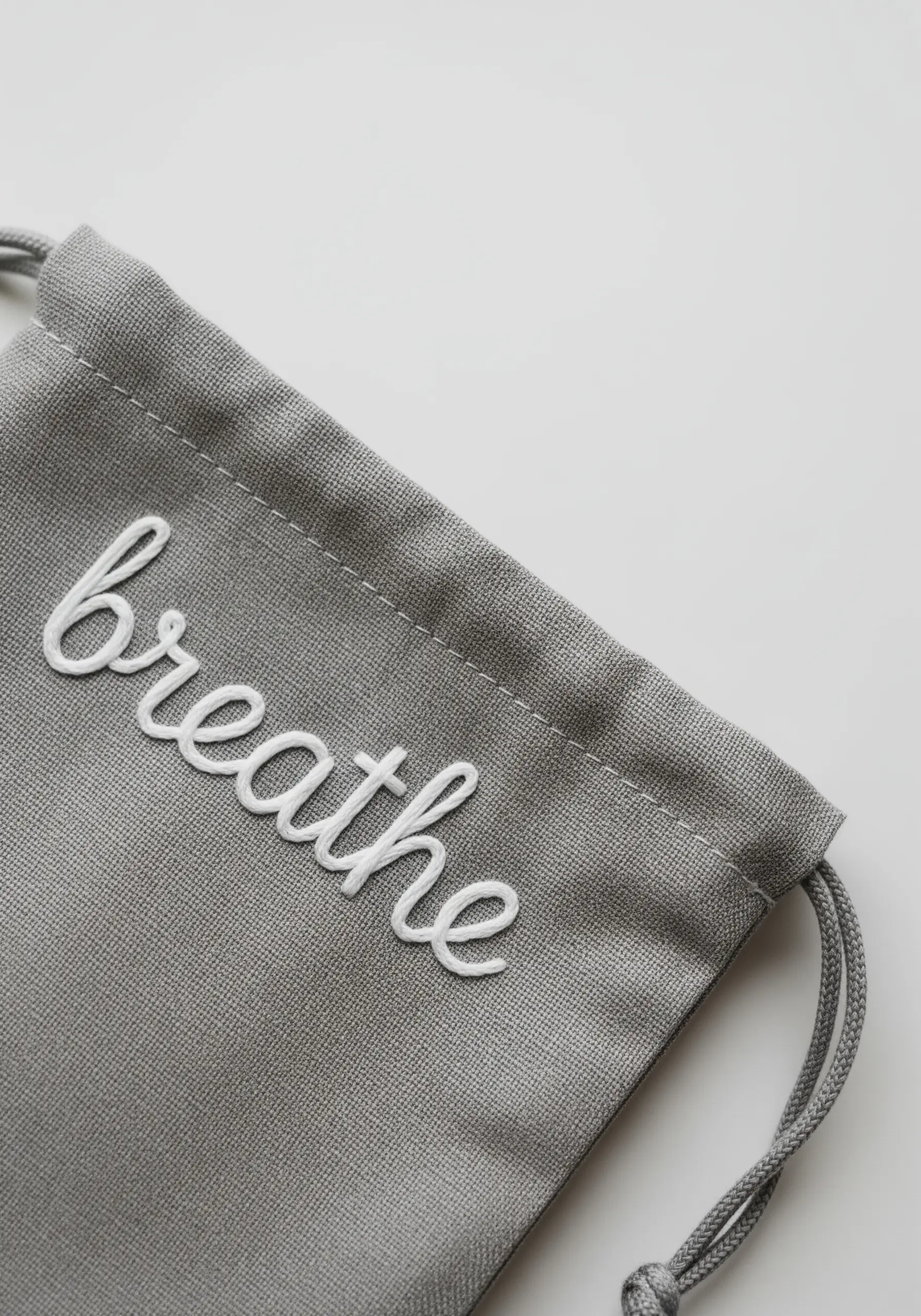 The word 'breathe' embroidered in white padded satin stitch on a gray drawstring bag.