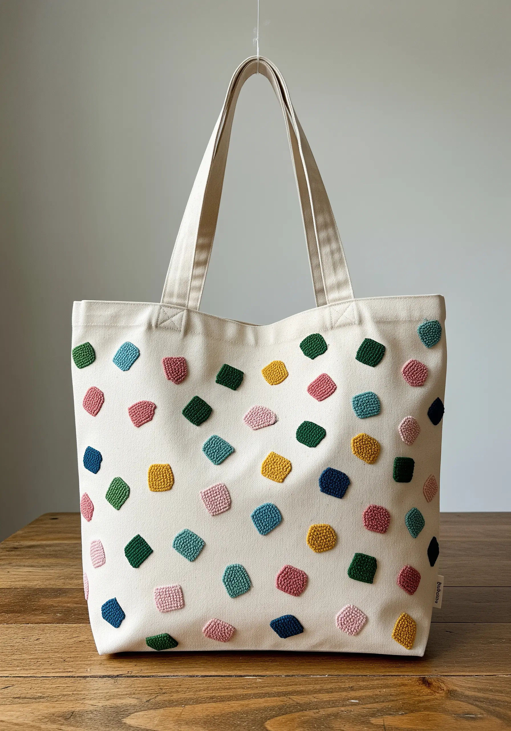 Tote bag decorated with scattered, raised geometric shapes in various muted colors.