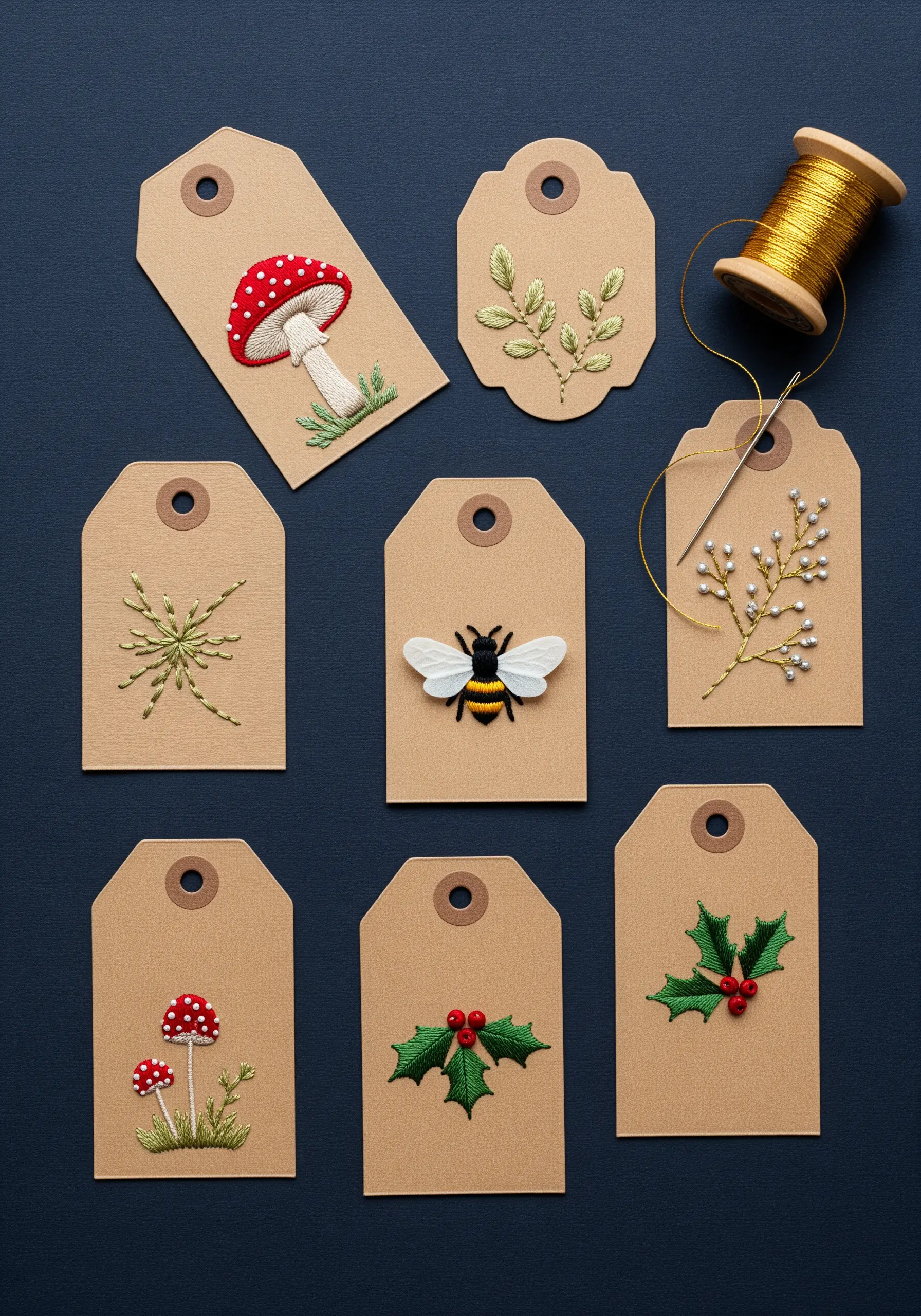 A collection of kraft paper gift tags with small, colorful embroidered motifs like mushrooms and a bee.