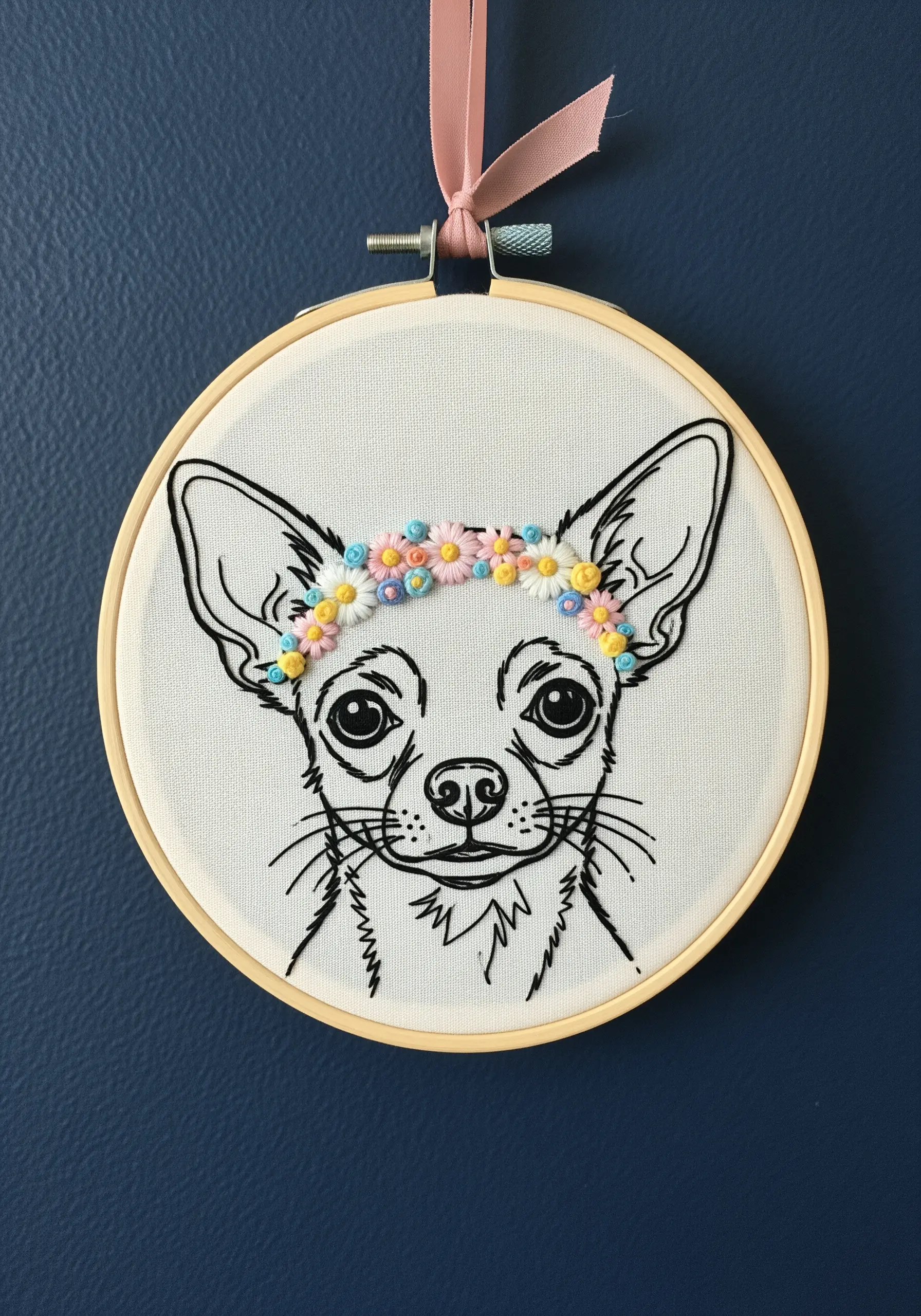 A chihuahua line art portrait adorned with a colorful 3D embroidered flower crown.