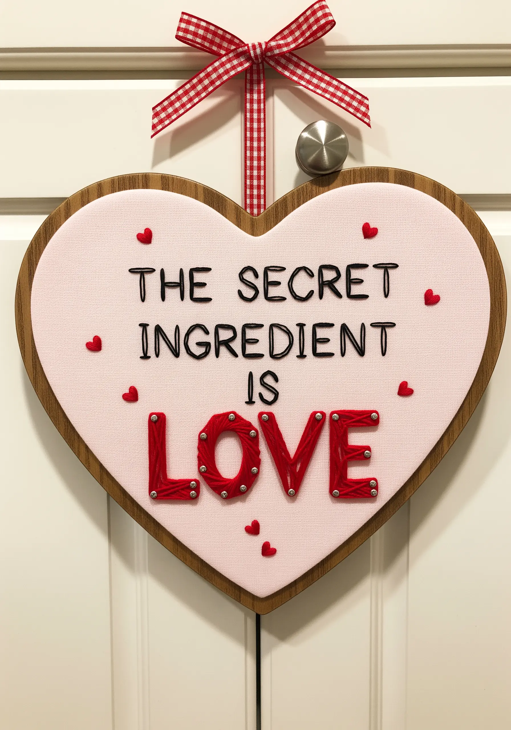 A heart-shaped sign with embroidered text and a beaded, thread-wrapped word 'LOVE.'