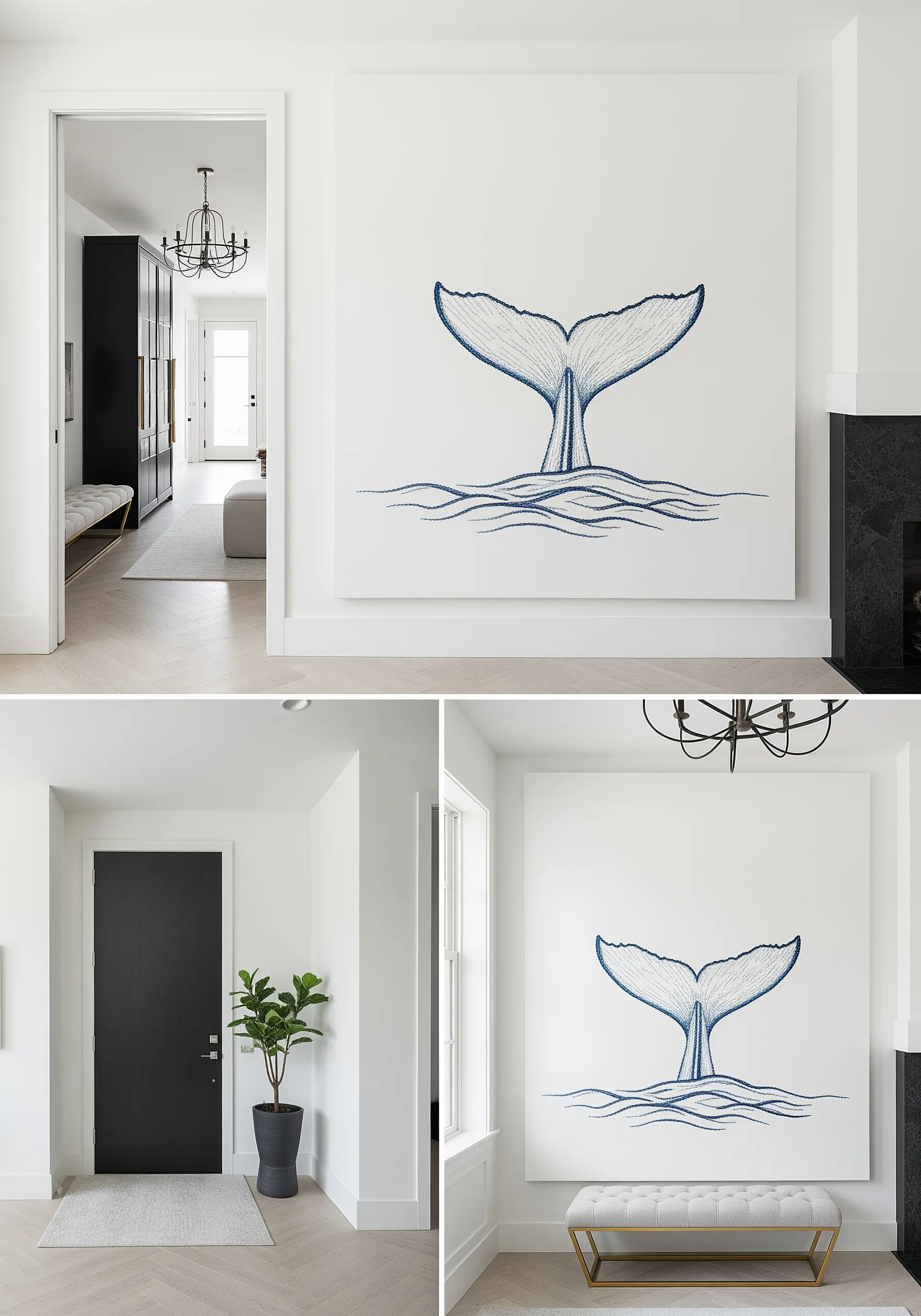 A minimalist embroidery of a whale tail on a large white canvas, created using only blue seed stitches.