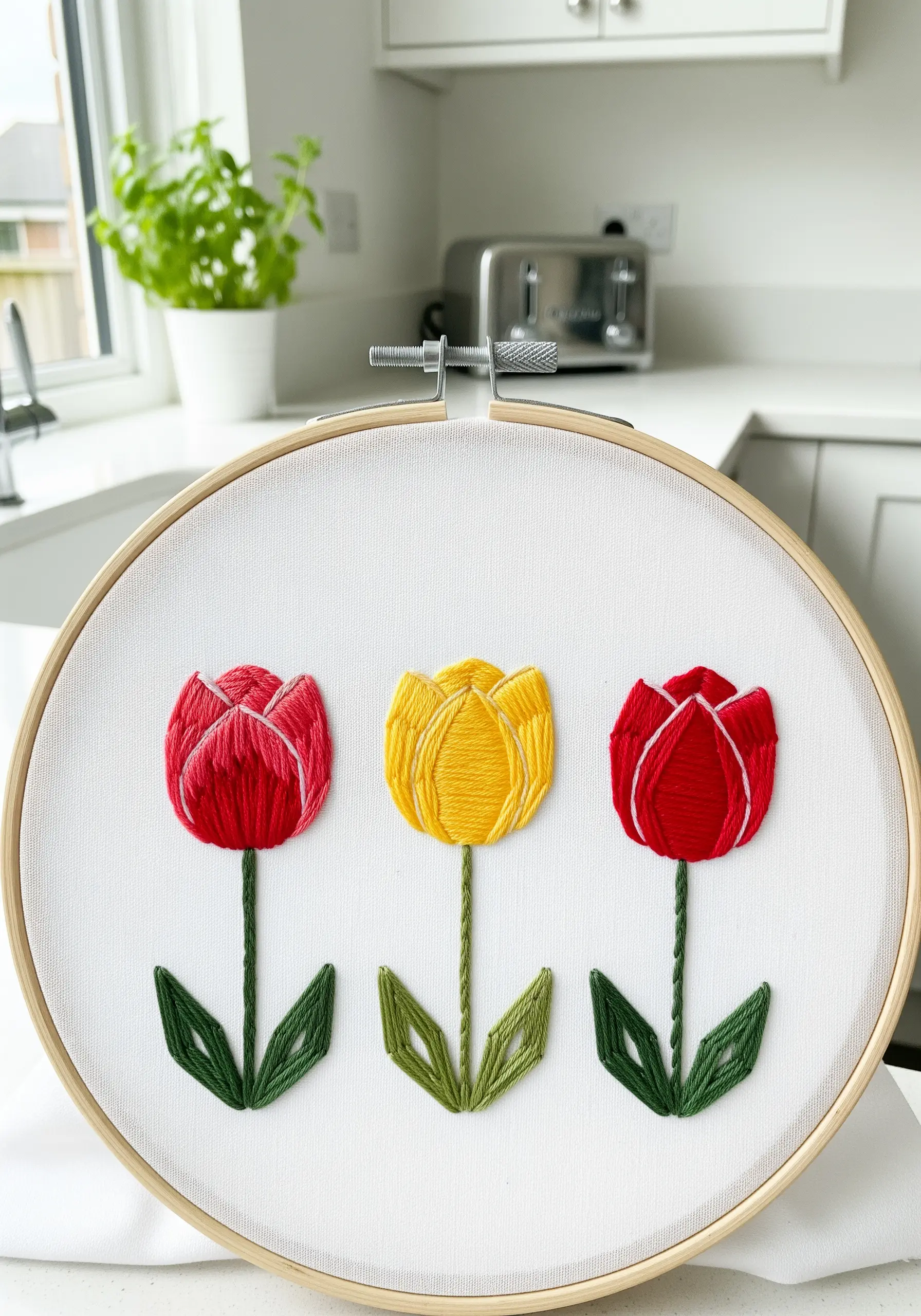 Three graphic-style tulips—red, yellow, and red—stitched with simple satin stitch on white fabric.