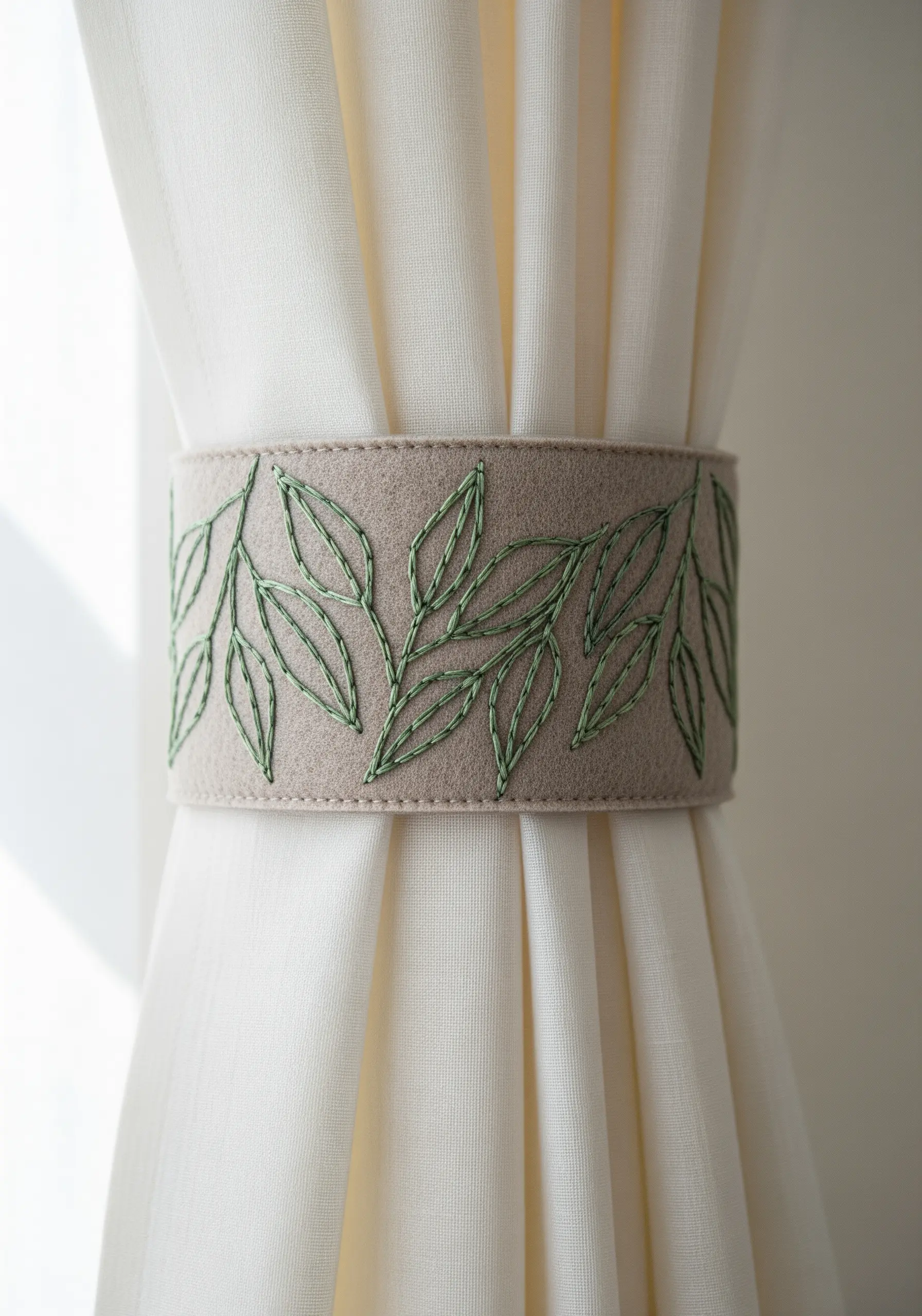 A felt curtain tie-back embroidered with a continuous pattern of green leaves.