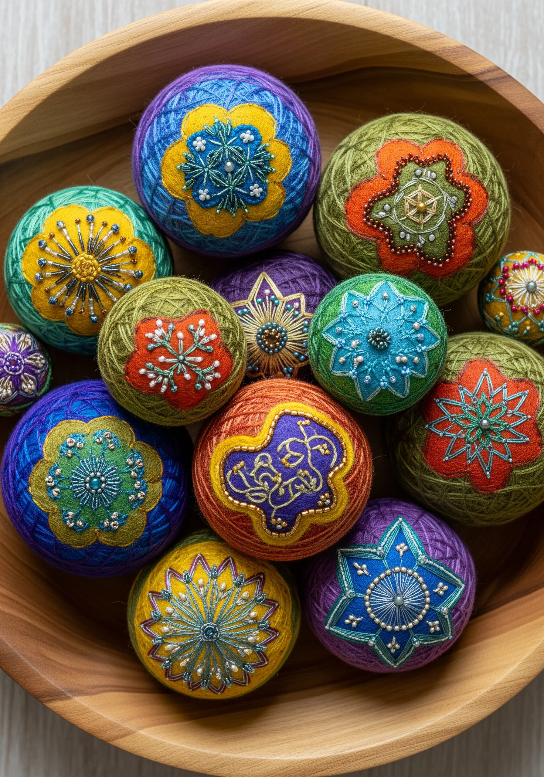 A collection of colorful Japanese Temari balls with intricate geometric embroidery and beading.