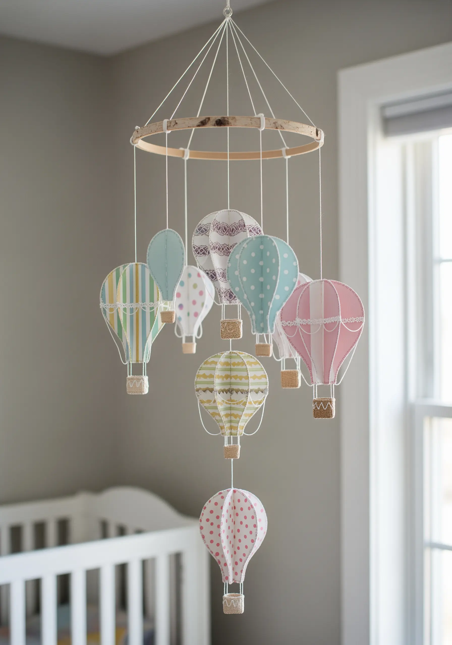 A mobile made of 3D paper hot air balloons in pastel colors, held together with simple stitches.