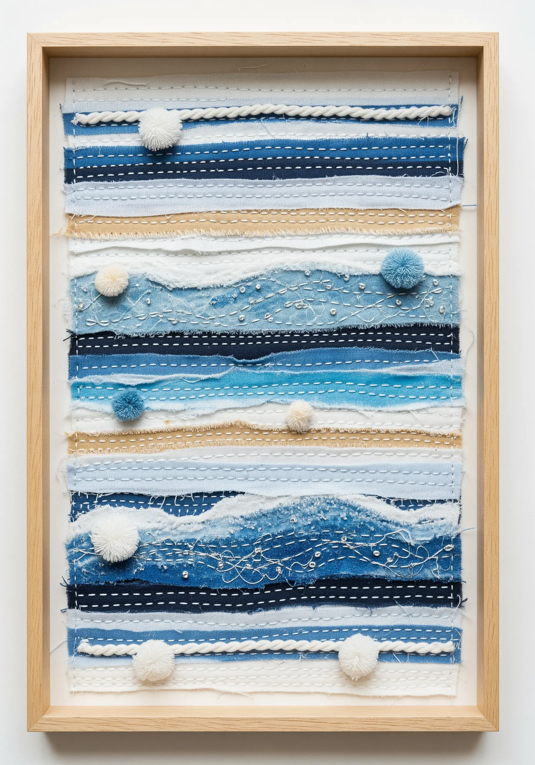 Framed abstract textile art with layered blue and white torn denim, stitching, and pom-poms.