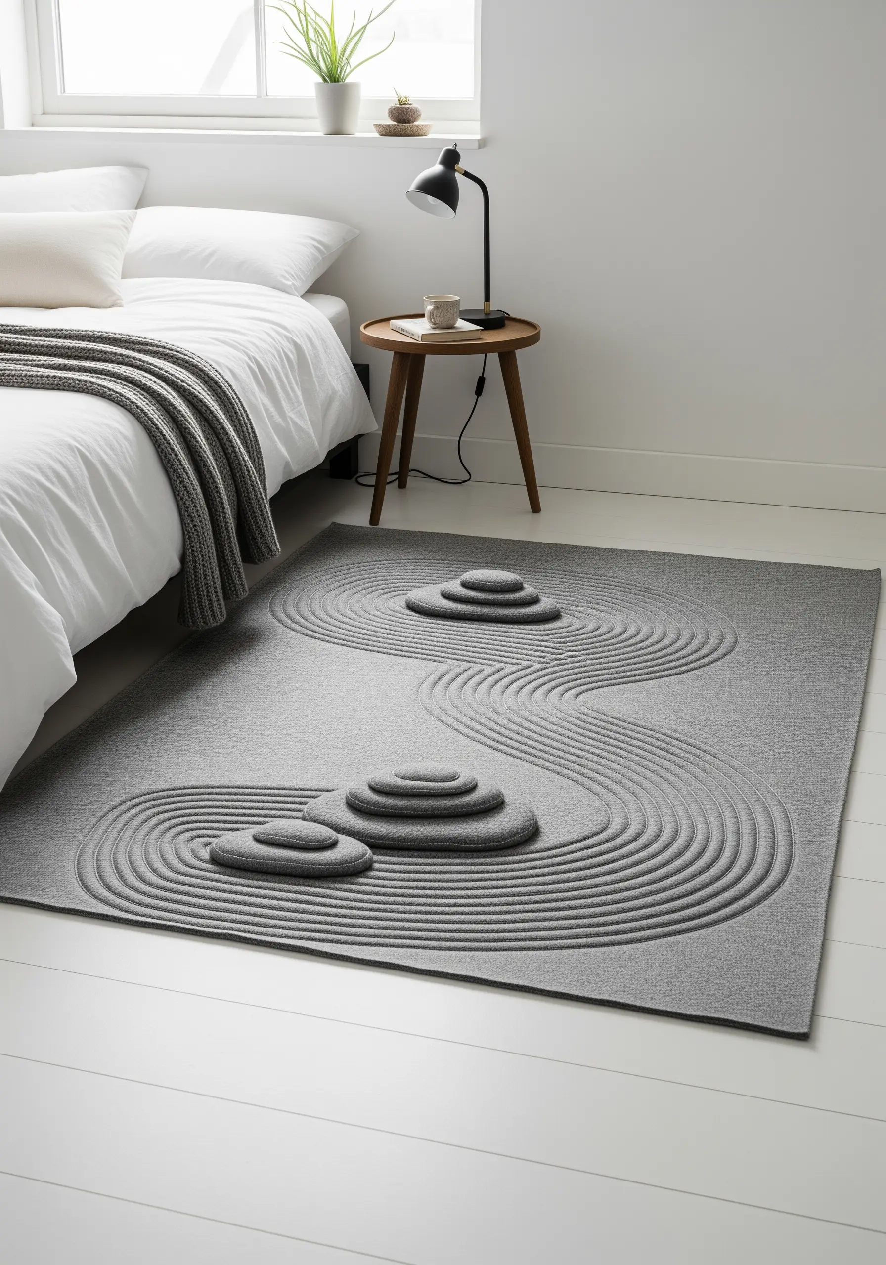 A grey rug designed to look like a Zen sand garden with raked lines.
