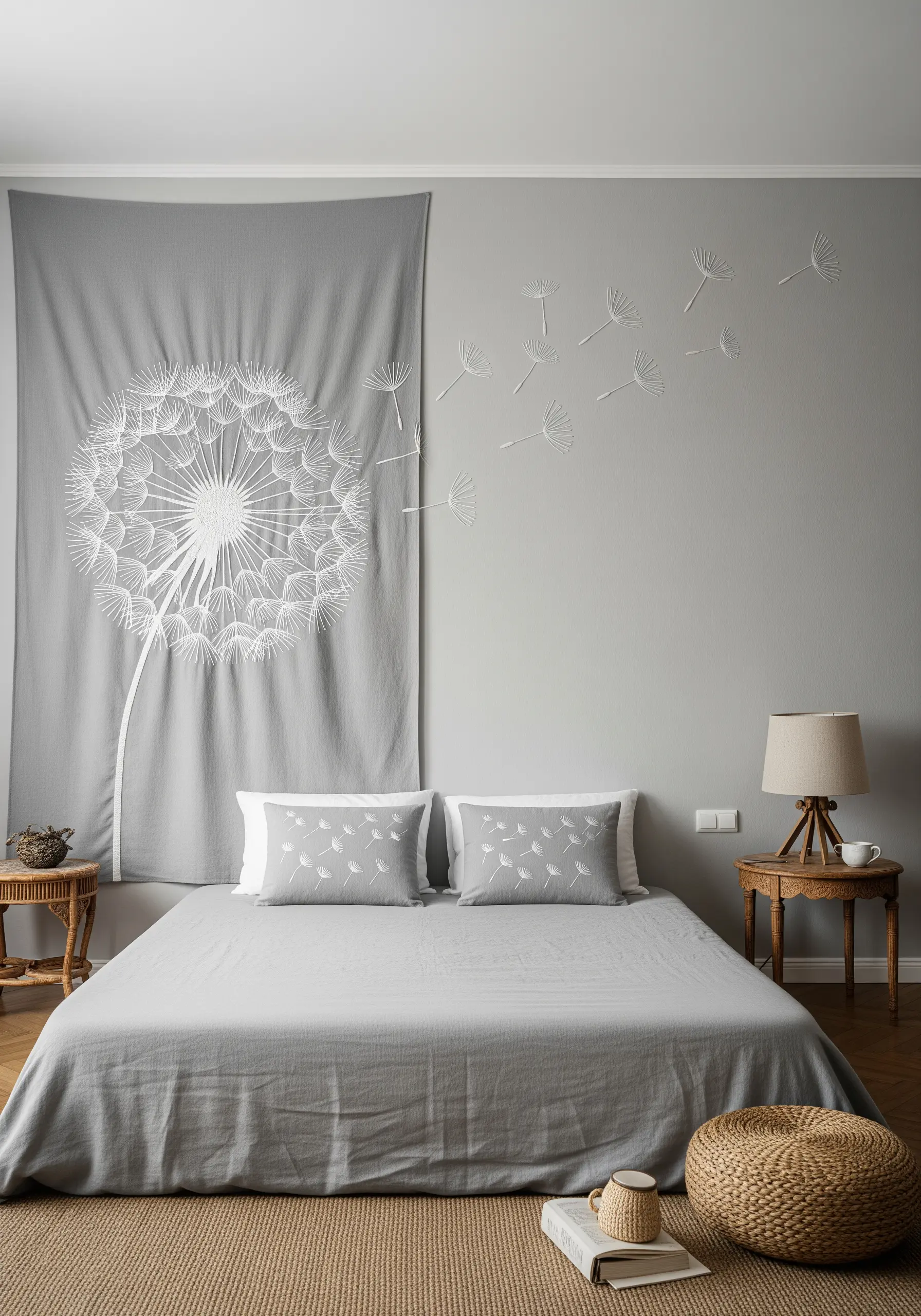 A large wall hanging with a dandelion, and embroidered seeds floating off onto the wall.